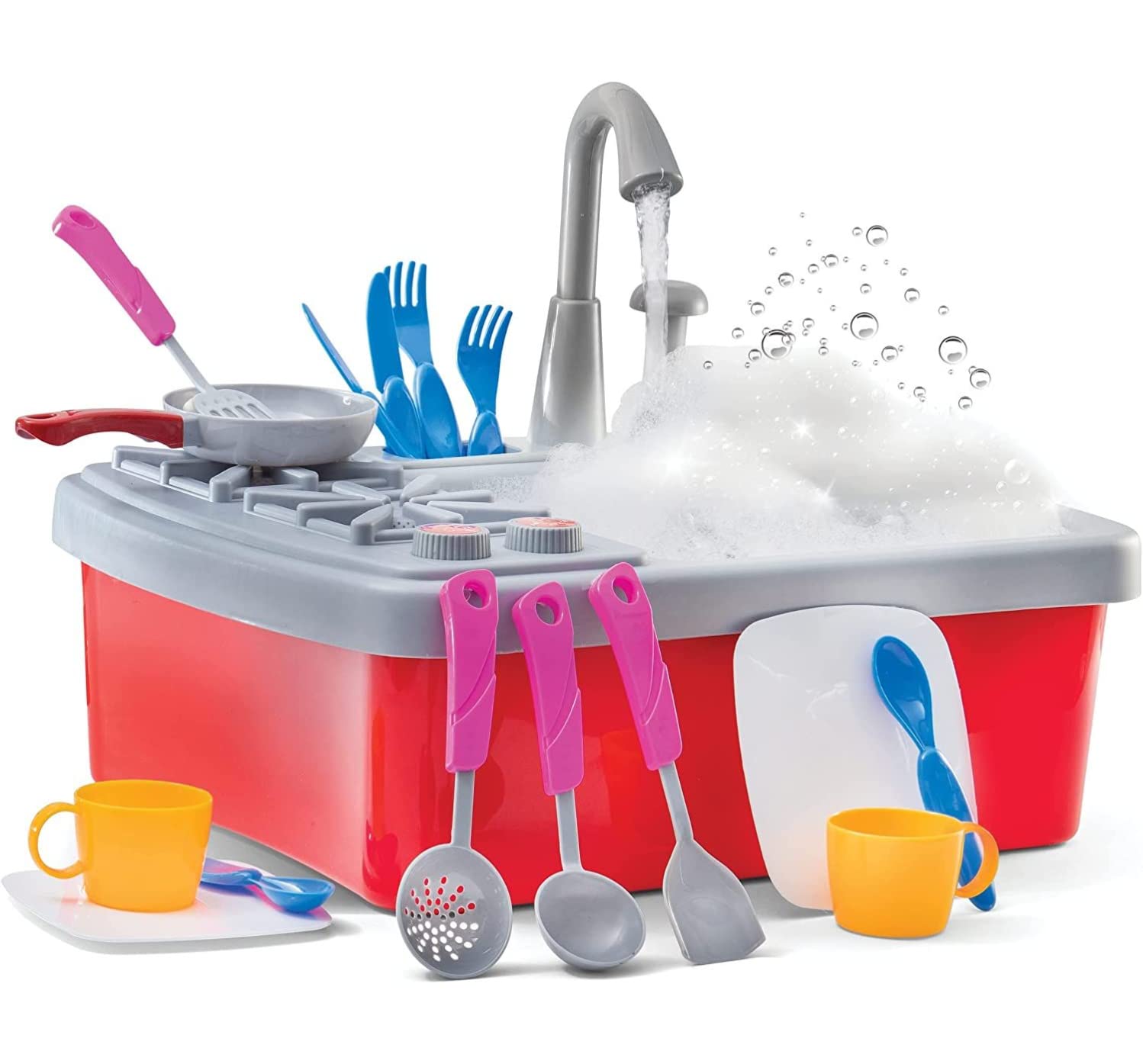 Play22 17-Piece Kids Play Kitchen Sink Set with Running Water - Realistic Toddler Sink Toy with Faucet, Drain, Dishes & Utensils - Includes Play Stove & Pan - Pretend Play Kitchen Toys for Boys & Girls Ages 3+ - Perfect for Imaginative Play, Role-Playing & Early Childhood Development