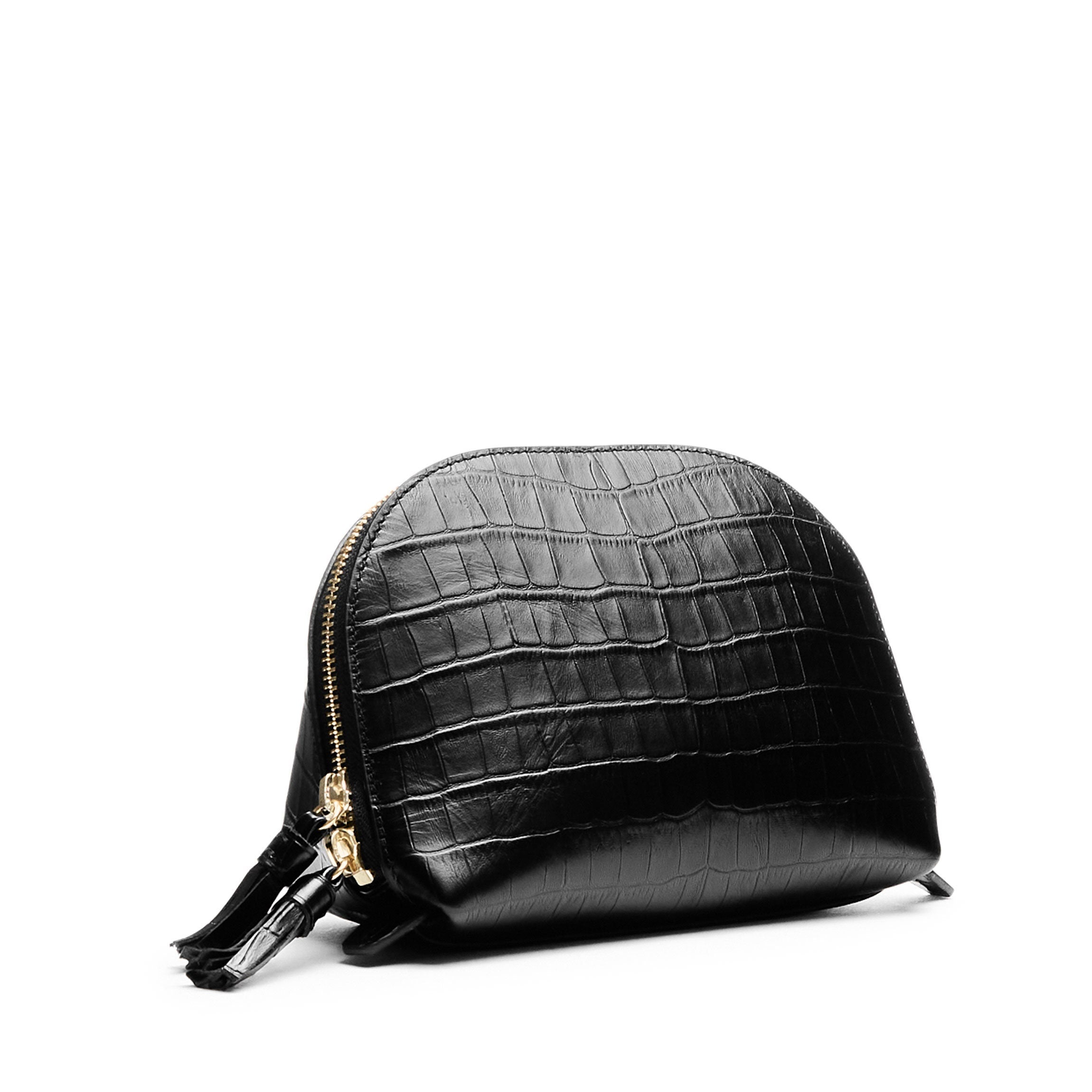 Medium Black Crocodile Print Clamshell Makeup Bag - Travel Cosmetic Organizer for Women, Perfect for Makeup Brushes & Toiletries