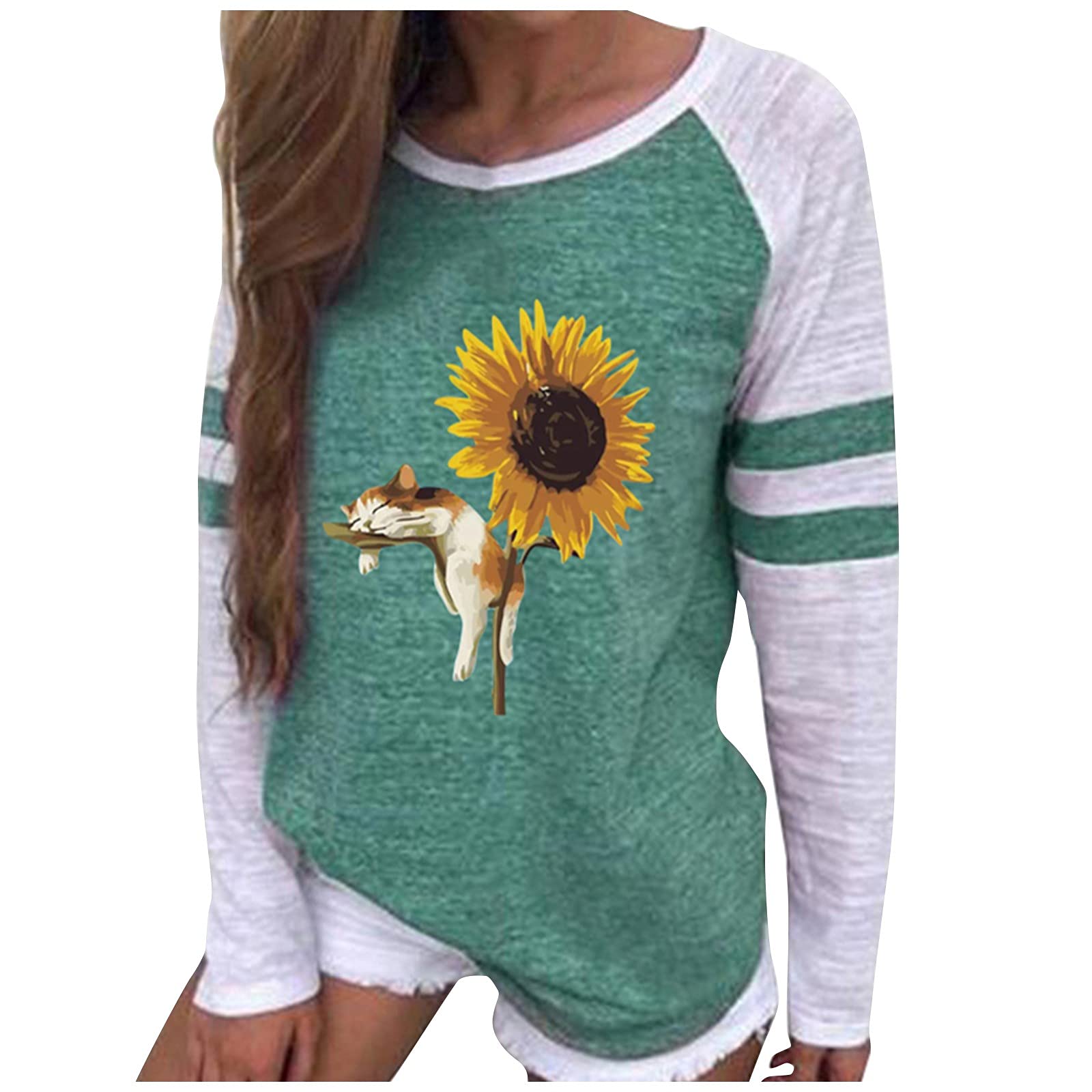 UODSVP Women's Casual Cat Print Long Sleeve T-Shirt - Fashion Round Neck Loose Blouse for Everyday Wear, Work & Weekend Outfits