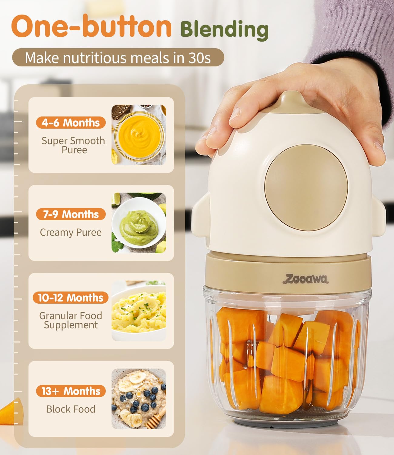 Zooawa 13-in-1 Baby Food Maker & Processor - Steam, Blend & Puree Fruits, Vegetables & Meat - Includes Silicone Spoon & Storage Containers - Perfect Baby Shower Gift for New Parents (Beige) | Ideal for Homemade Baby Food Prep & On-the-Go Feeding