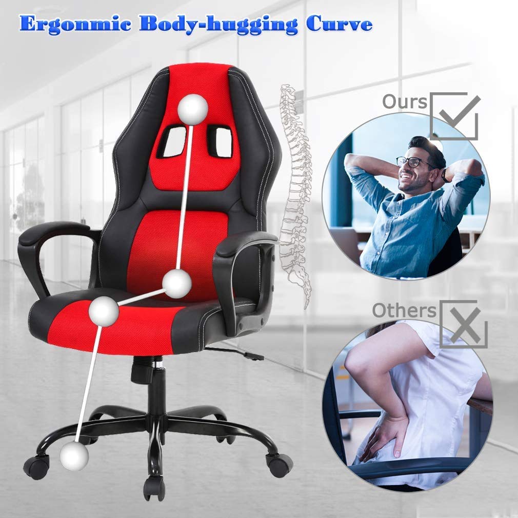 Ergonomic High Back Gaming Office Chair with Lumbar Support & PU Leather - Adjustable Swivel Rolling Desk Chair for Men & Women - Perfect for Home Office, Gaming Setup, and Executive Workspaces (Red)