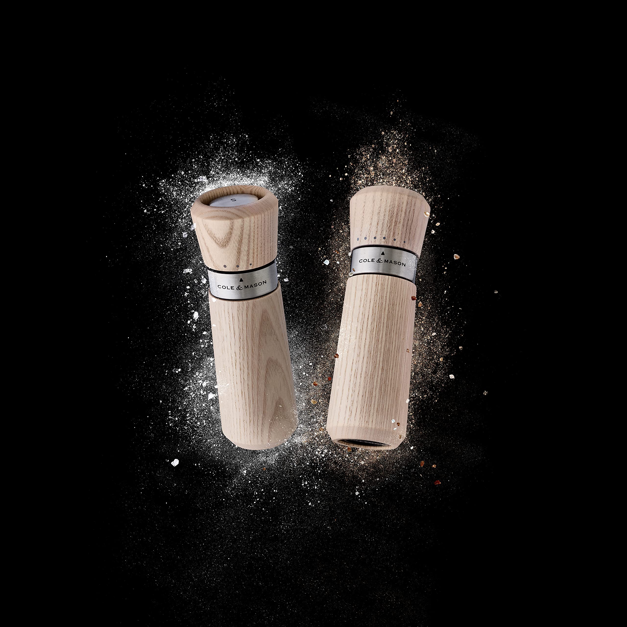 Cole & Mason Lyndhurst Nordic White Salt and Pepper Mills Set - Premium Stainless Steel & Stained Ash Wood - 185mm Gourmet Precision+ Grinders - Perfect for Kitchen, Dining Table & Gift Giving