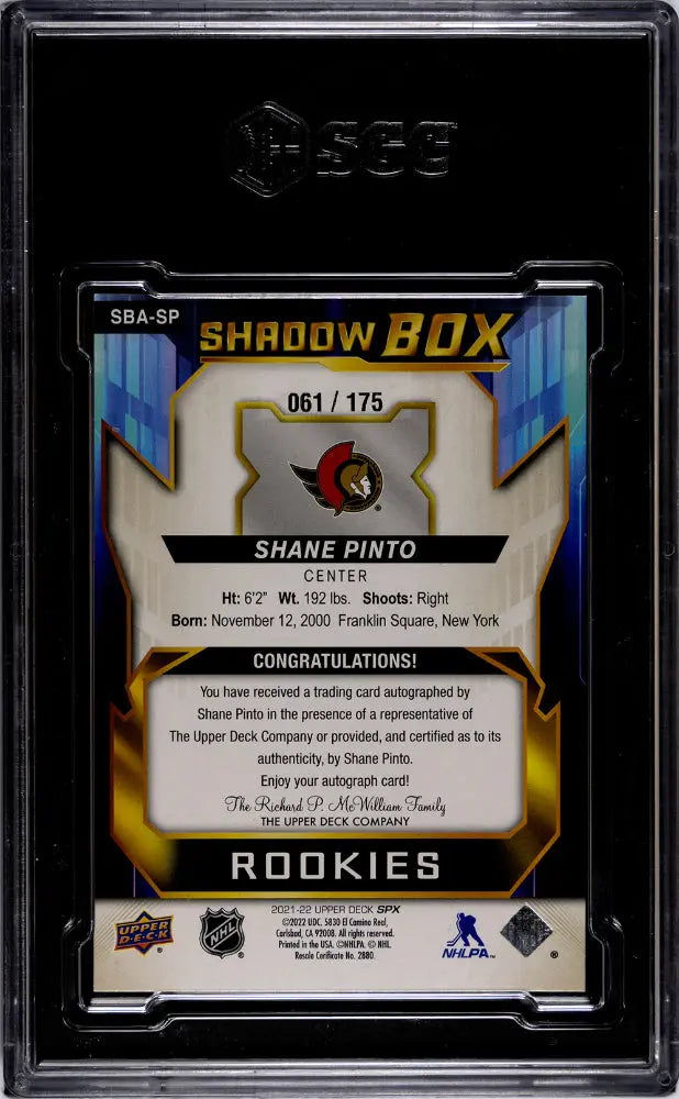 2021 Upper Deck SPX Shane Pinto Rookie Shadow Box Autograph SGC 8/175 - Rare Hockey Trading Card for Collectors & Sports Fans - Perfect for Memorabilia Displays & Investment Collections