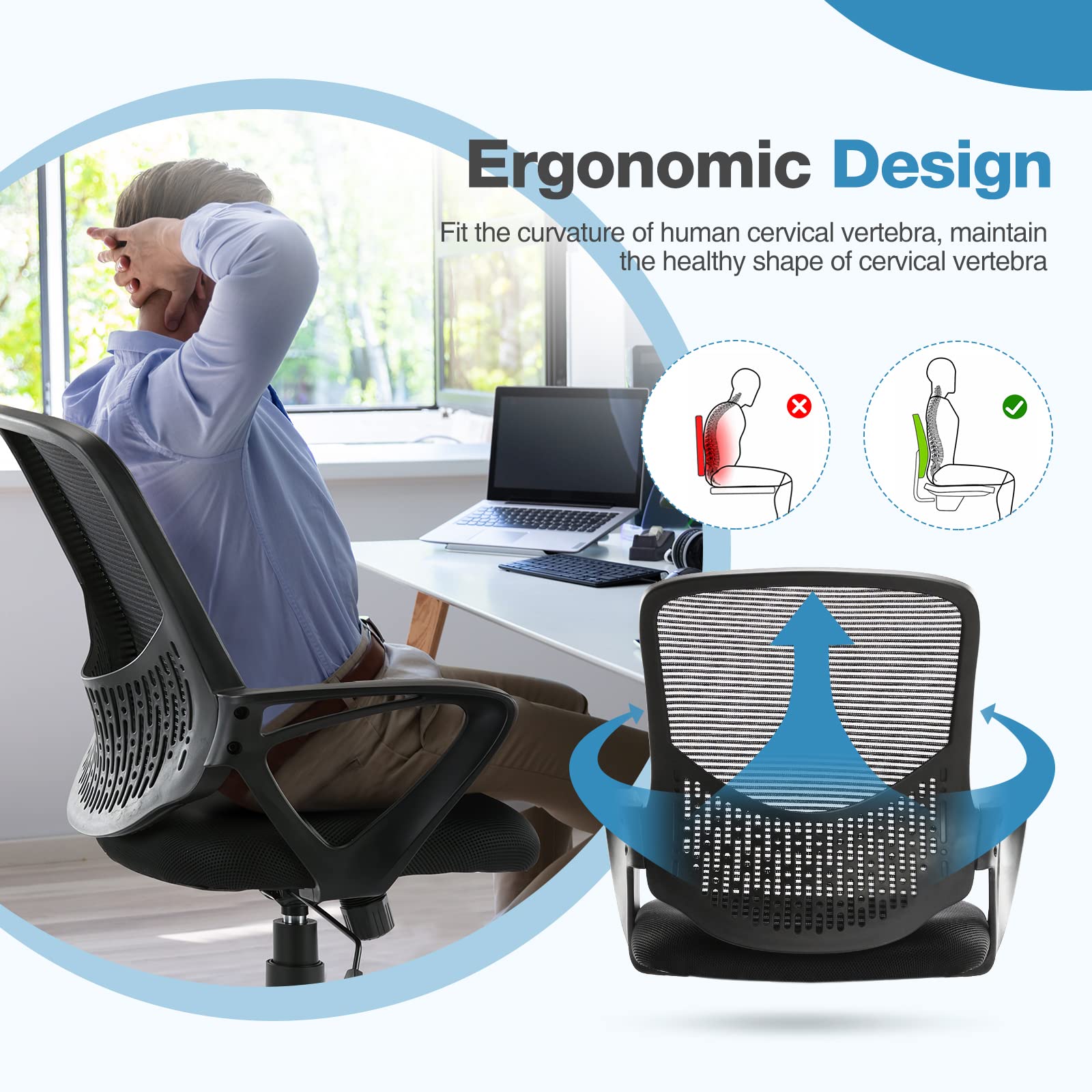 Ergonomic Home Office Chair with Lumbar Support - Adjustable Mesh Mid Back Computer Desk Chair, Swivel Rolling Task Chair with Armrests & Wheels, Black - Perfect for Long Work Hours, Gaming & Remote Work