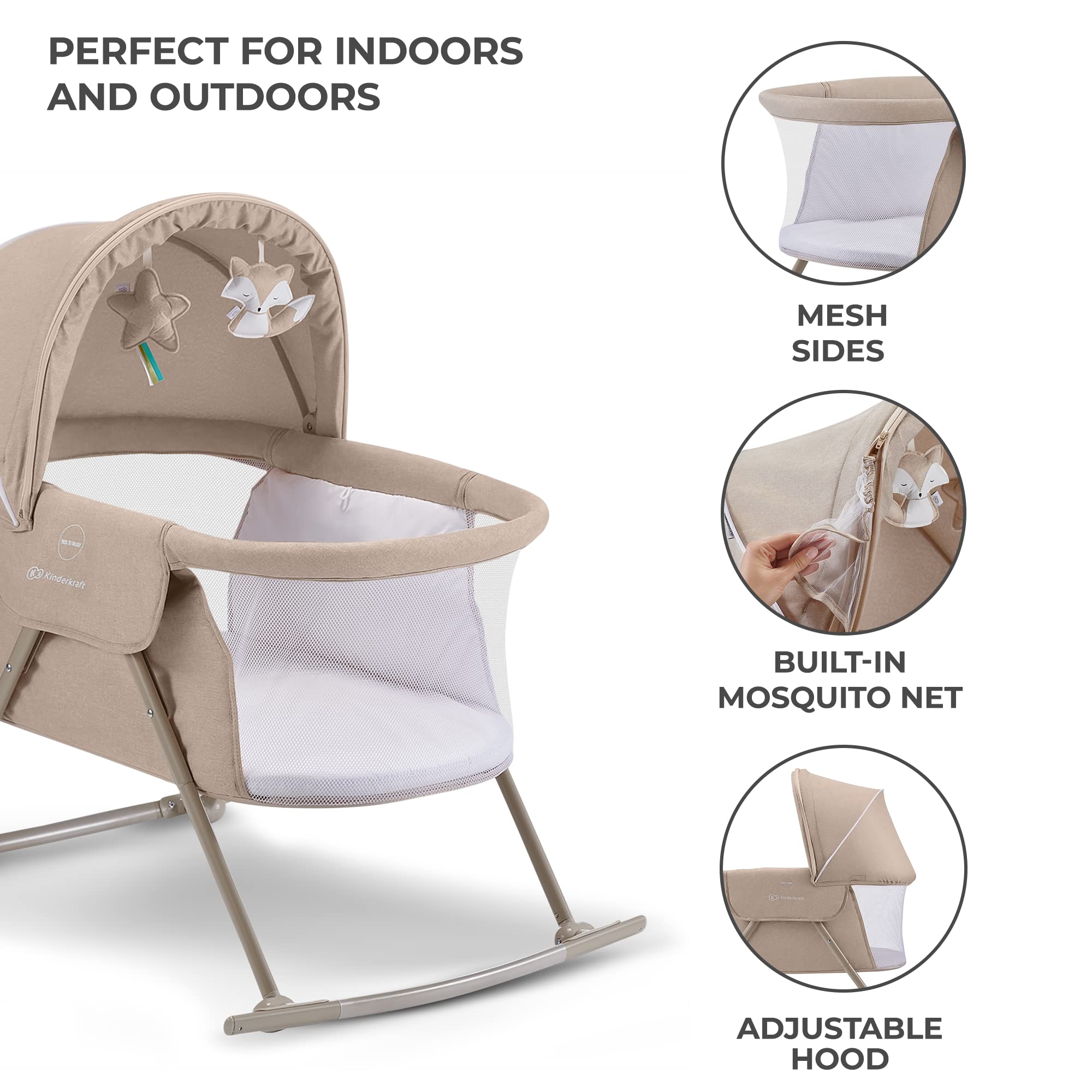 Kinderkraft LOVI Portable Travel Bassinet for Babies - Foldable Baby Bed with Built-in Mosquito Net, Adjustable Hood & Cradle Function - Beige | Perfect for Travel, Camping & Home Use