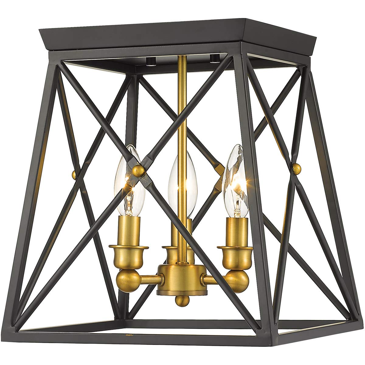 3-Light Flush Mount Ceiling Fixture - Matte Black & Antique Brass Finish, Steel Construction, Candelabra Base, 11