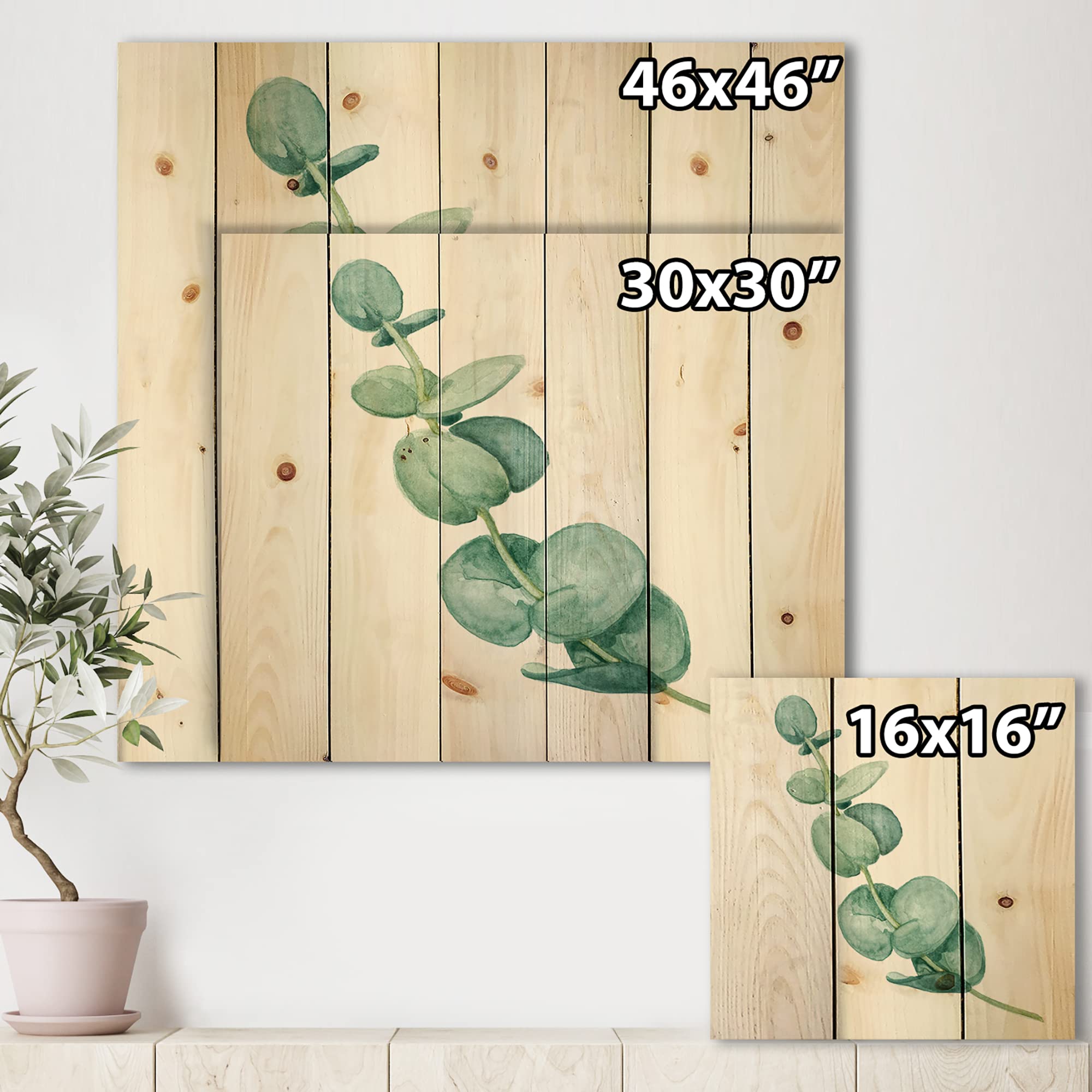 DesignQ Young Eucalyptus Leaves & Branches II - Traditional Wood Wall Decor | Large Floral Pine Wood Art Panel | Natural Green Botanical Print | Perfect for Living Room, Bedroom & Office Decor