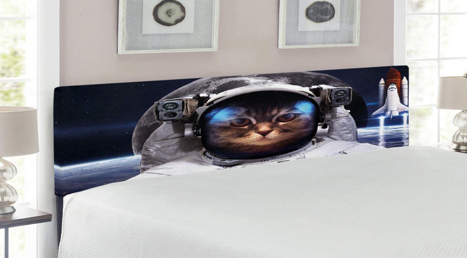 Ambesonne King Size Upholstered Space Cat Headboard - Navy Blue, White & Red Memory Foam Decorative Metal Bed Headboard with Astronaut Pet Design | Perfect for Kids' Bedrooms, Space-Themed Decor & Unique Home Interiors