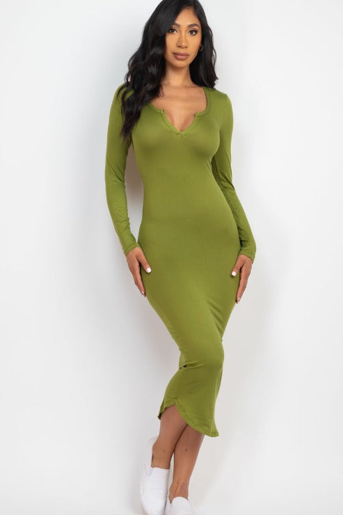 Split Neck Long Sleeve Midi Dress for Women - Elegant Flowy Boho Style for Date Night, Wedding Guest & Special Occasions