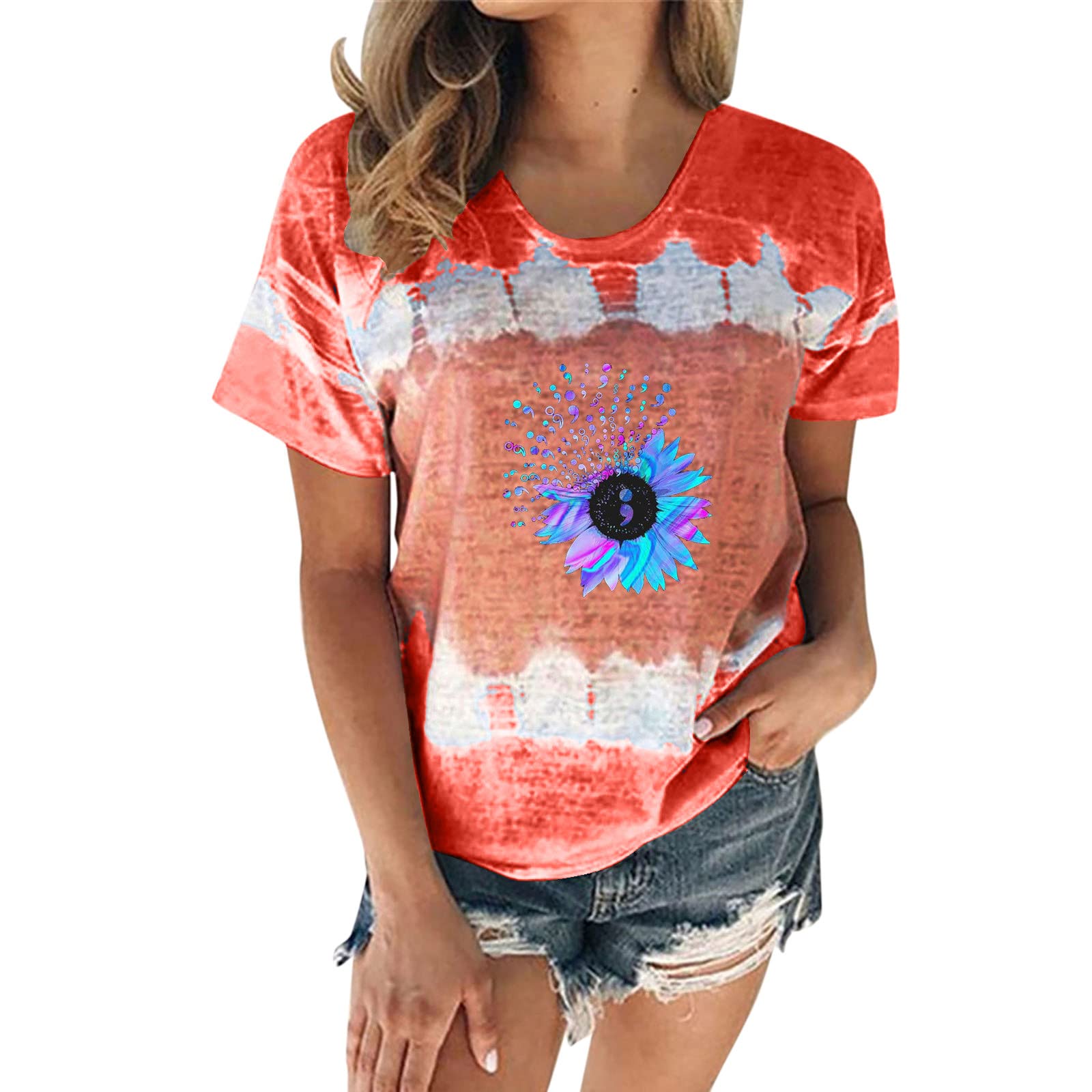 Women's Casual Tie-Dye Floral Print Short Sleeve T-Shirt - Purple Round Neck Blouse for Summer Outfits & Boho Style