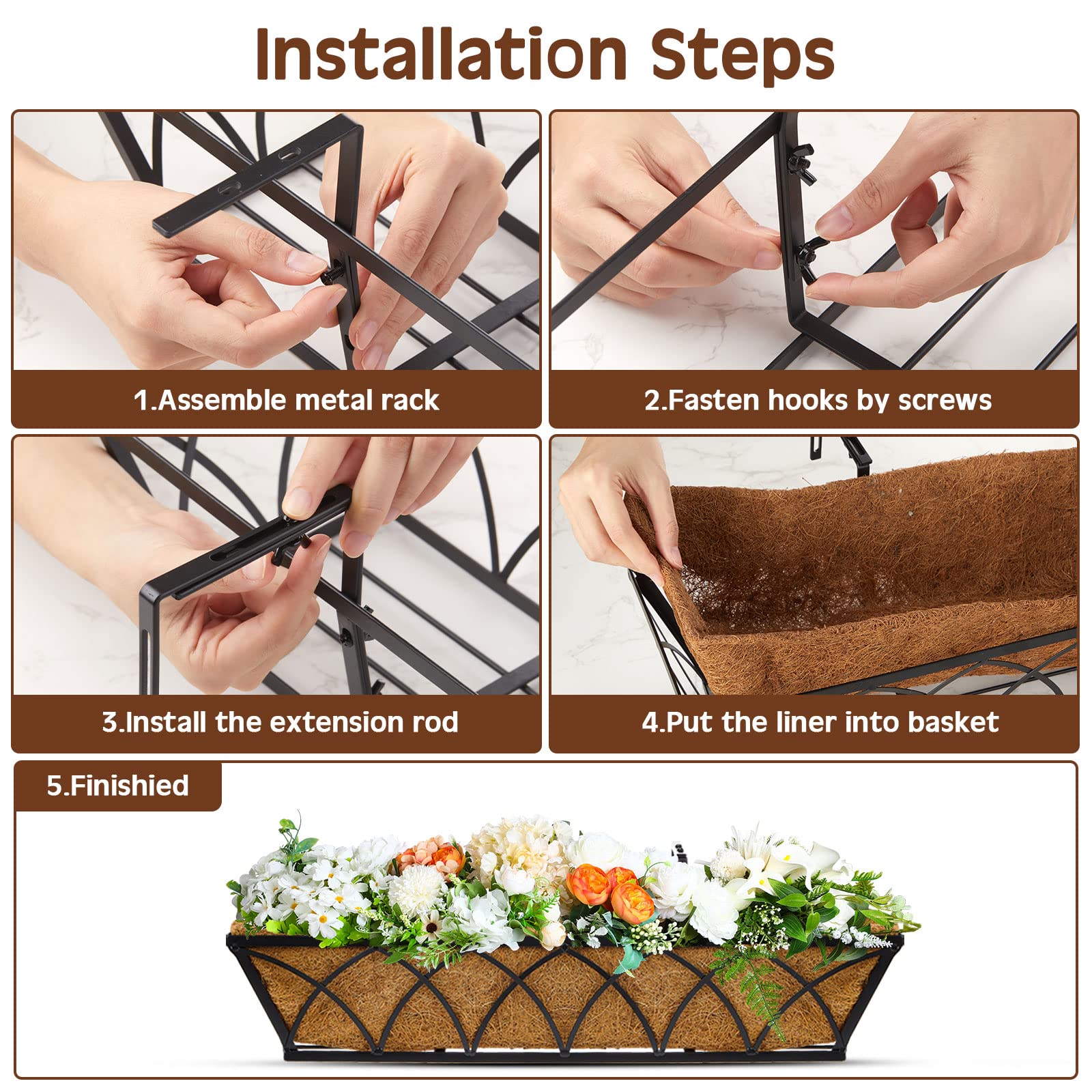 8 Pack 24 Inch Black Metal Window Box Planters with Coconut Liner - Outdoor Hanging Flower Pots for Deck Railing, Balcony, Fence, Porch & Patio - Perfect for Herbs, Flowers & Small Plants Decoration
