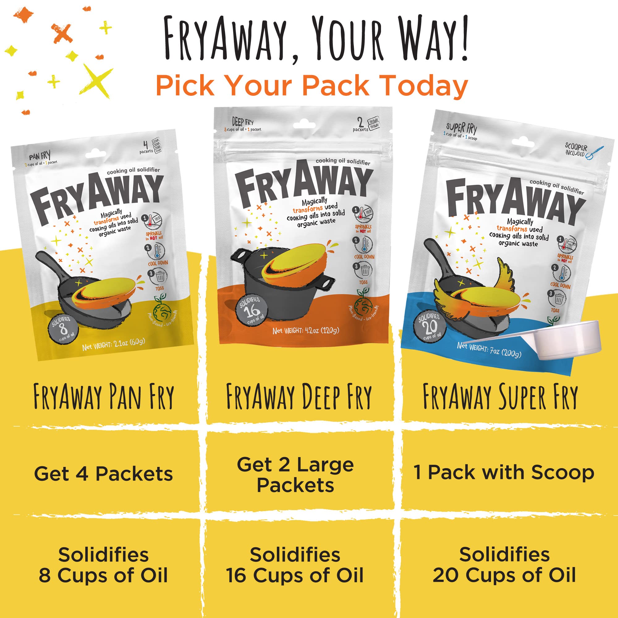 FryAway Super Fry Cooking Oil Solidifier - Plant-Based Powder, 3-Pack (Solidifies 4.5 Gallons) - Easy Mess-Free Oil Cleanup & Disposal - Made in USA - Perfect for Deep Frying, Restaurant Use & Home Kitchen Waste Management