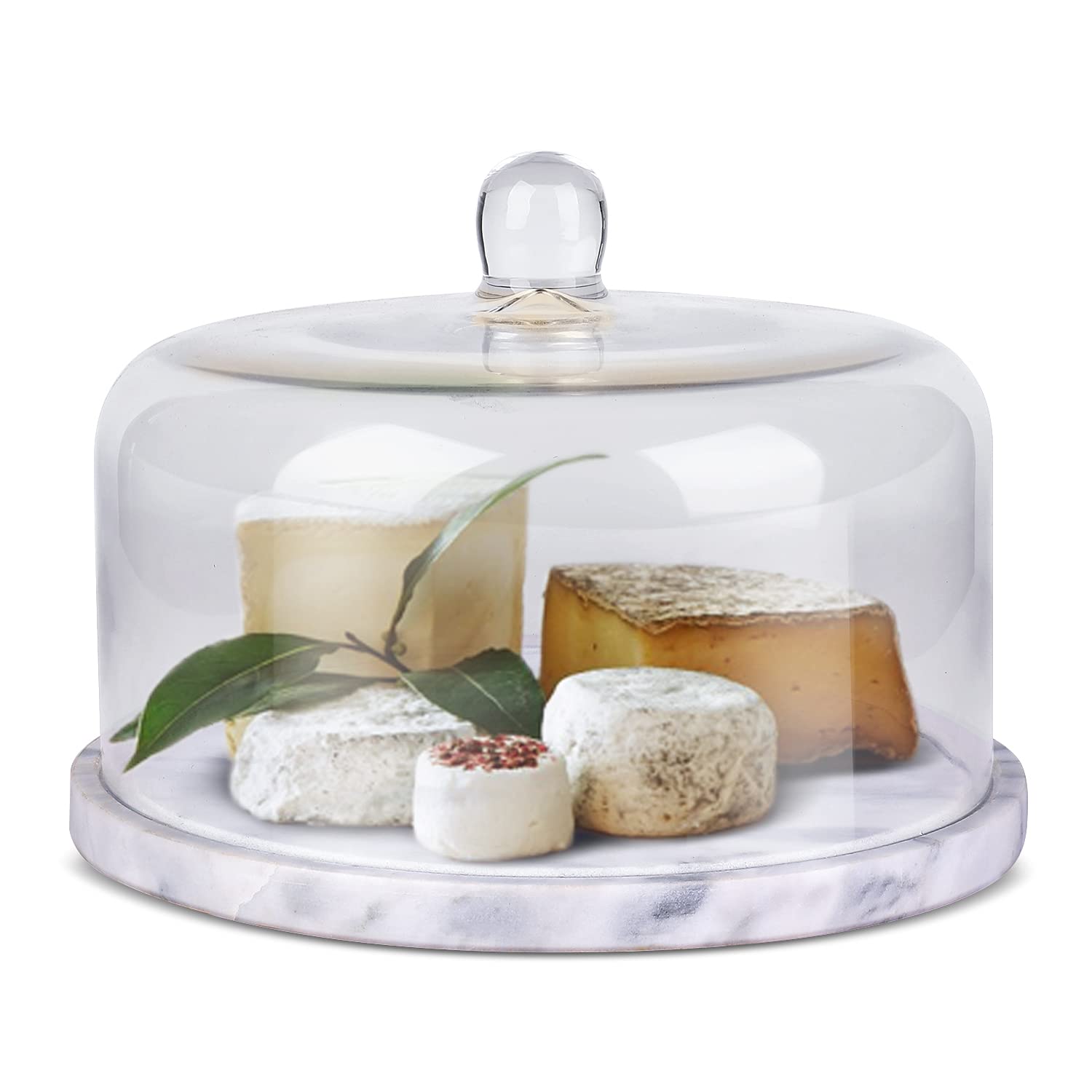 Flexzion 8.7 Inch Marble Cheese Holder & Cake Stand with Glass Lid - Elegant Cheese Dome, Cake Saver Serving Platter, Stone Cutting Board for Kitchen, Dining Room & Bakery Display - Perfect for Weddings, Parties & Dessert Presentation