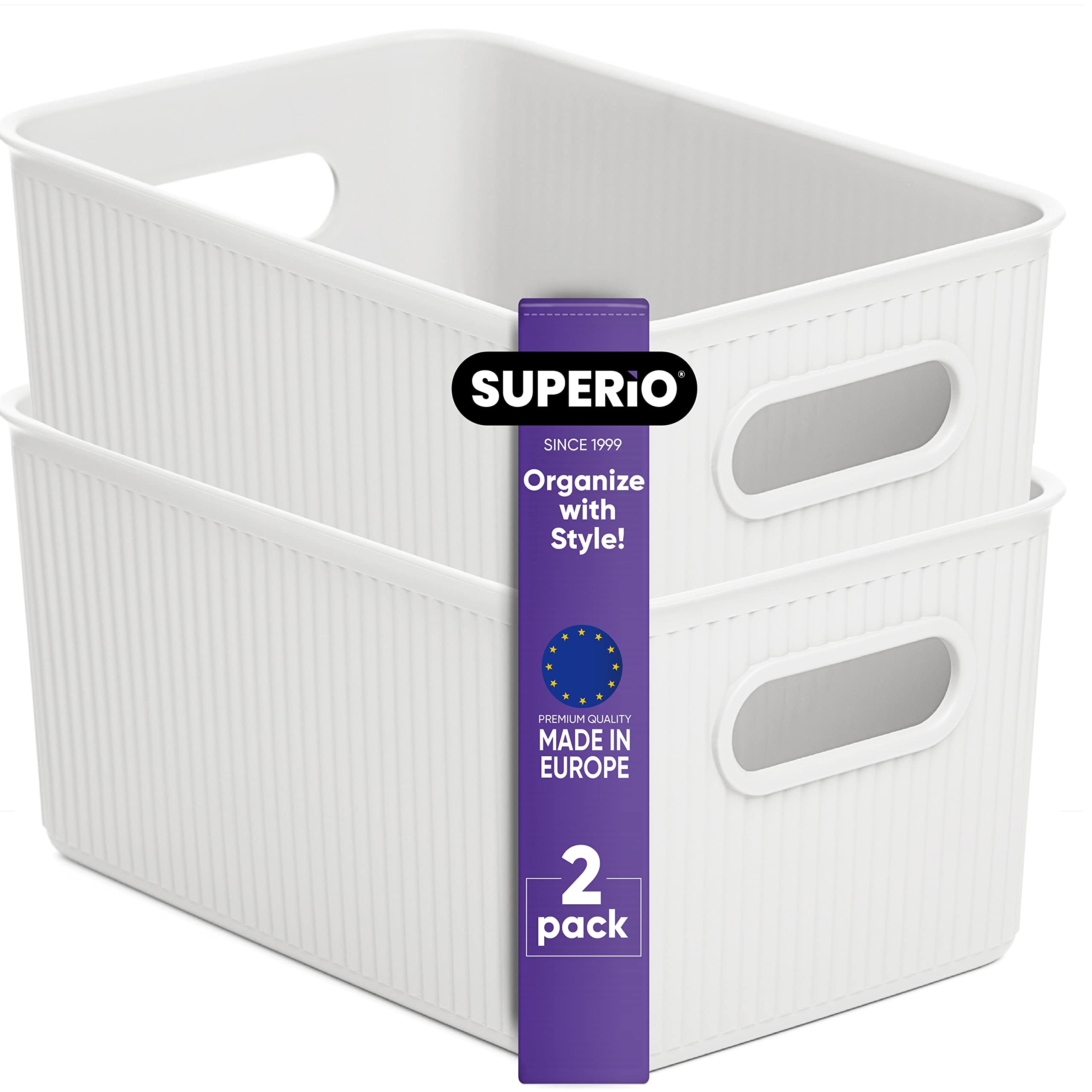 Superior Ribbed Plastic Storage Bins - 2 Pack Medium White Open Organizer Baskets for Home, Closet, Shelves & Drawers | 5 Liter Decorative Container Boxes | Perfect for Bedroom, Bathroom & Office Organization