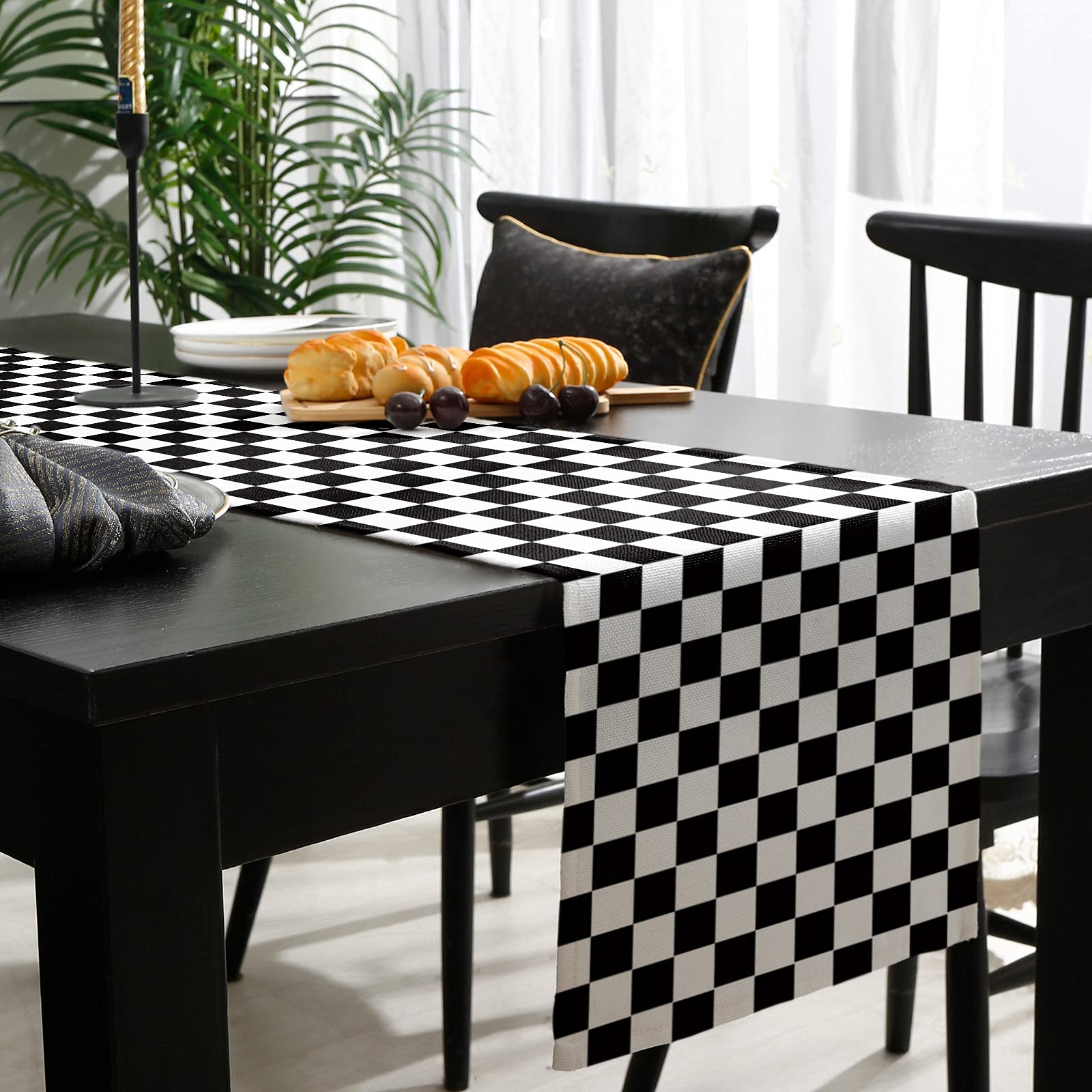 Burlap Linen Table Runner 36 Inch - Black and White Checkered Geometric Kitchen Dining Table Decor for Farmhouse, Wedding, Banquet | Perfect for Coffee Tables, Dressers, and Party Decorations