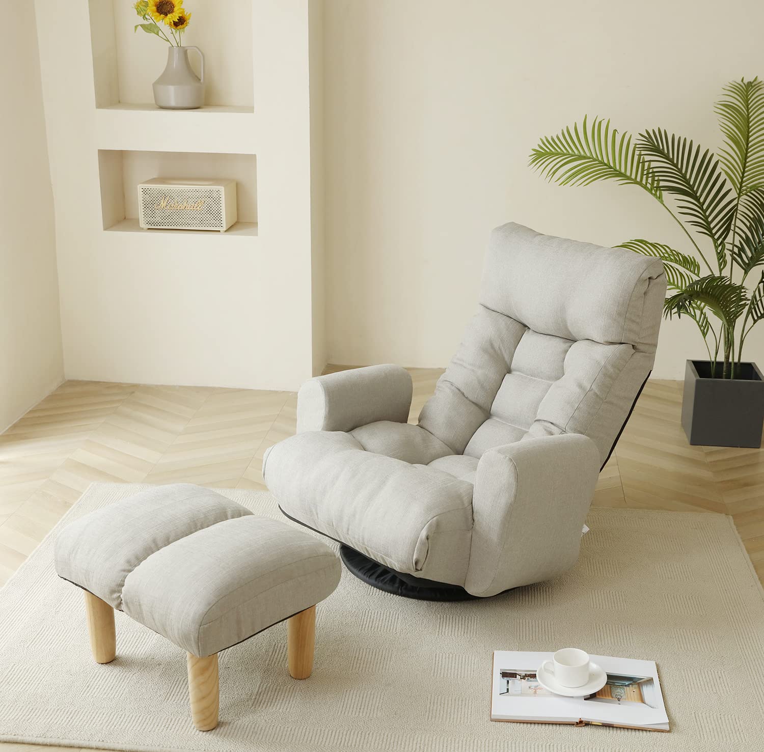 Adjustable Swivel Indoor Chaise Lounge Floor Chair - Ergonomic Gaming Chair with Headrest & Backrest, Comfortable Lounge Sofa with Storage Pocket & Ottoman - Perfect for Gaming, Reading, Relaxing in Bedroom or Living Room (360° Rotation + Armrests + Footrest)