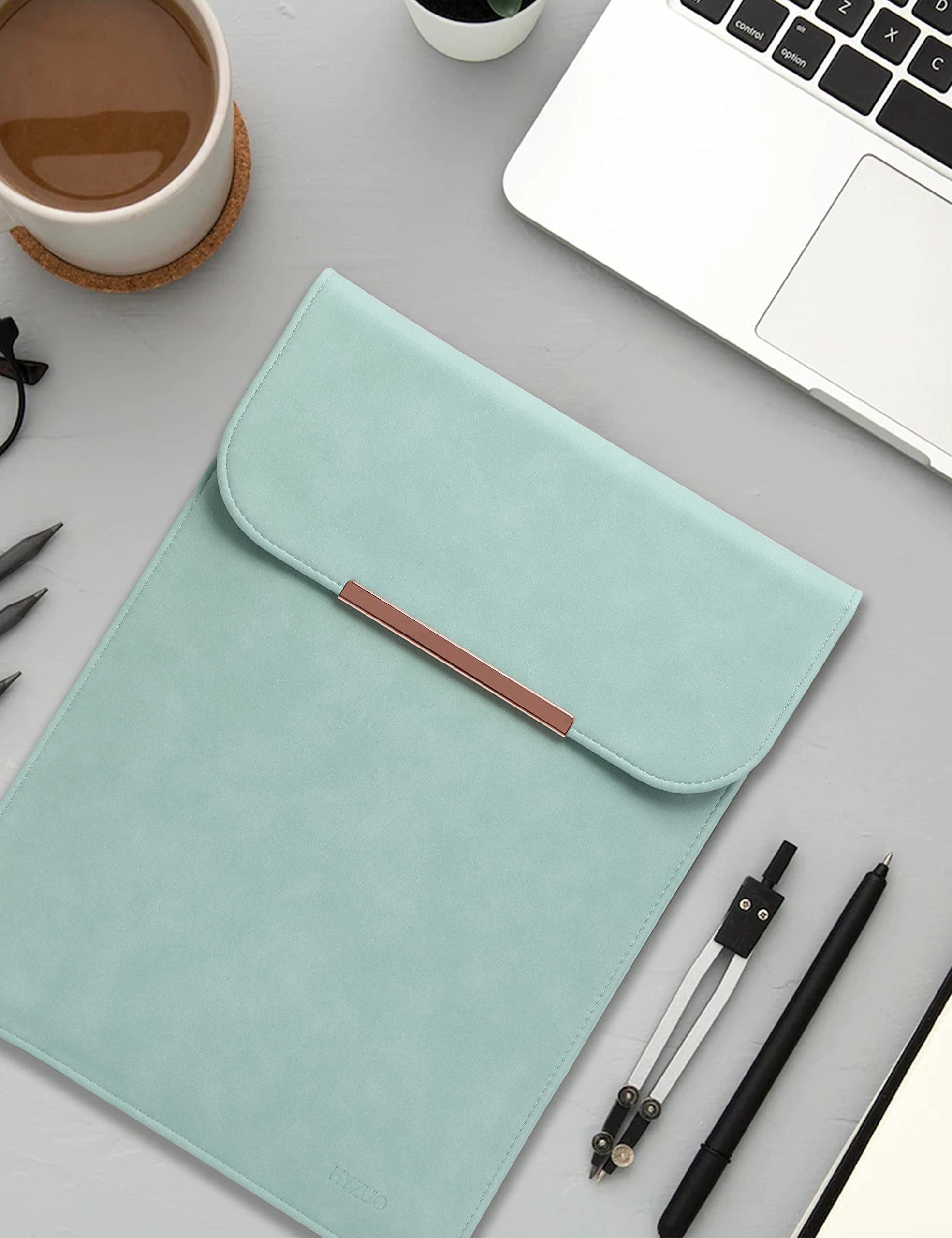 Premium 13-14 Inch Laptop Sleeve for MacBook Pro 14 M2/M1 & MacBook Air 13 - Faux Suede Leather Case with Rose Gold Metal Trim (Mint Green) - Perfect for Work, Travel & School Protection