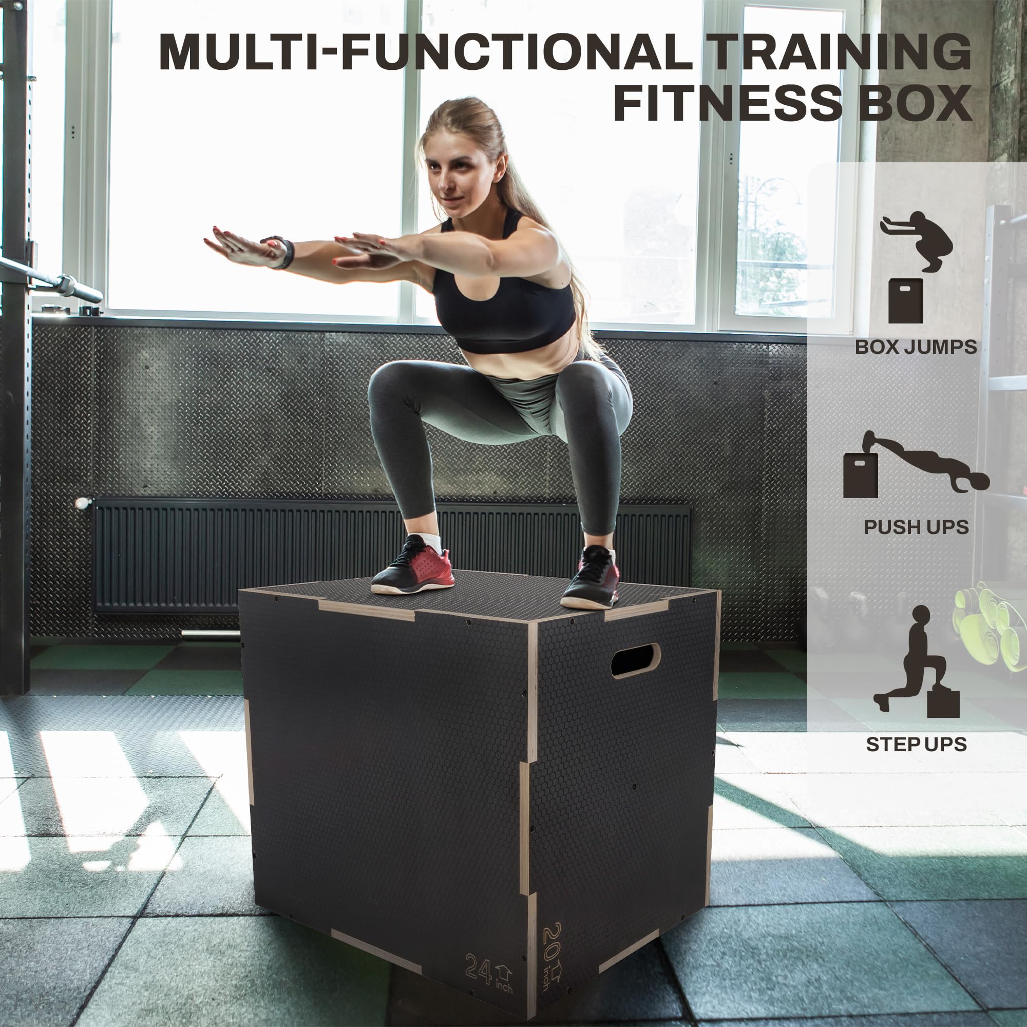 3-in-1 Non-Slip Wooden Plyo Box for CrossFit & Home Workouts - Adjustable Height Plyometric Jump Box for Exercise & Training - Perfect for Gym, HIIT, and Cardio Workouts