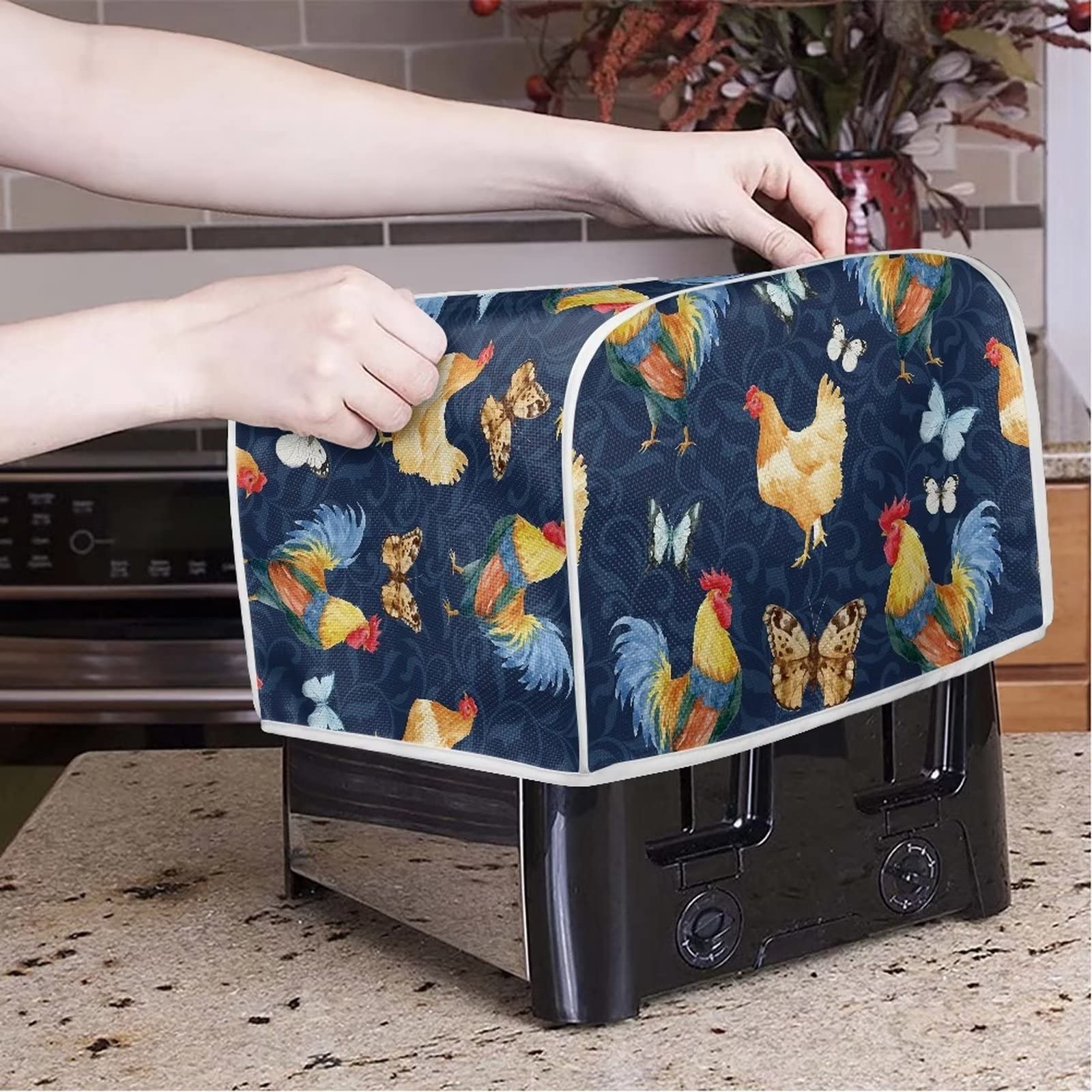 Chicken Print 4-Slice Toaster Cover - Butterfly Rooster Design Bread Maker Protector | Dustproof & Fingerprint Resistant Kitchen Appliance Cover | Machine Washable | Perfect for Toasters, Bread Machines & Small Kitchen Appliances