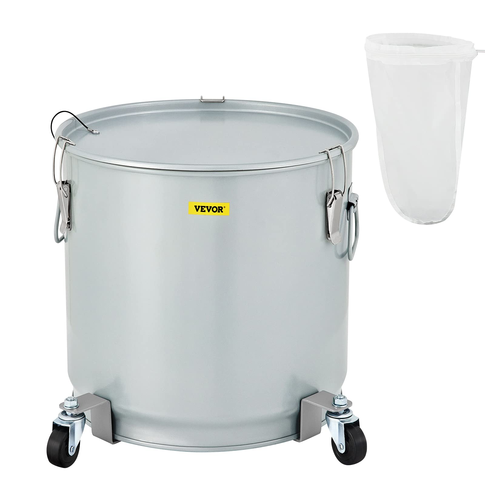 VEVOR 15.9 Gallon Commercial Deep Fryer Grease Bucket - 60L Coated Carbon Steel Oil Filter Pot with Caster Wheels, 123 LBS Capacity Oil Disposal Caddy, Locking Lid & Nylon Filter Bag - Perfect for Restaurants, Food Trucks & Commercial Kitchens