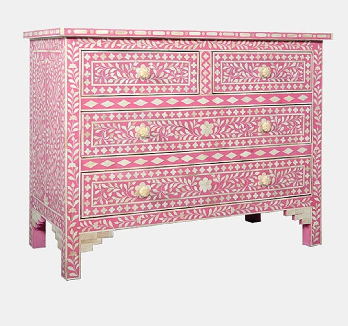 Handmade Bone Inlay 4-Drawer Dresser with Floral Design in Pink - Vintage Boho Bedroom Furniture for Master Bedroom, Guest Room & Nursery Storage