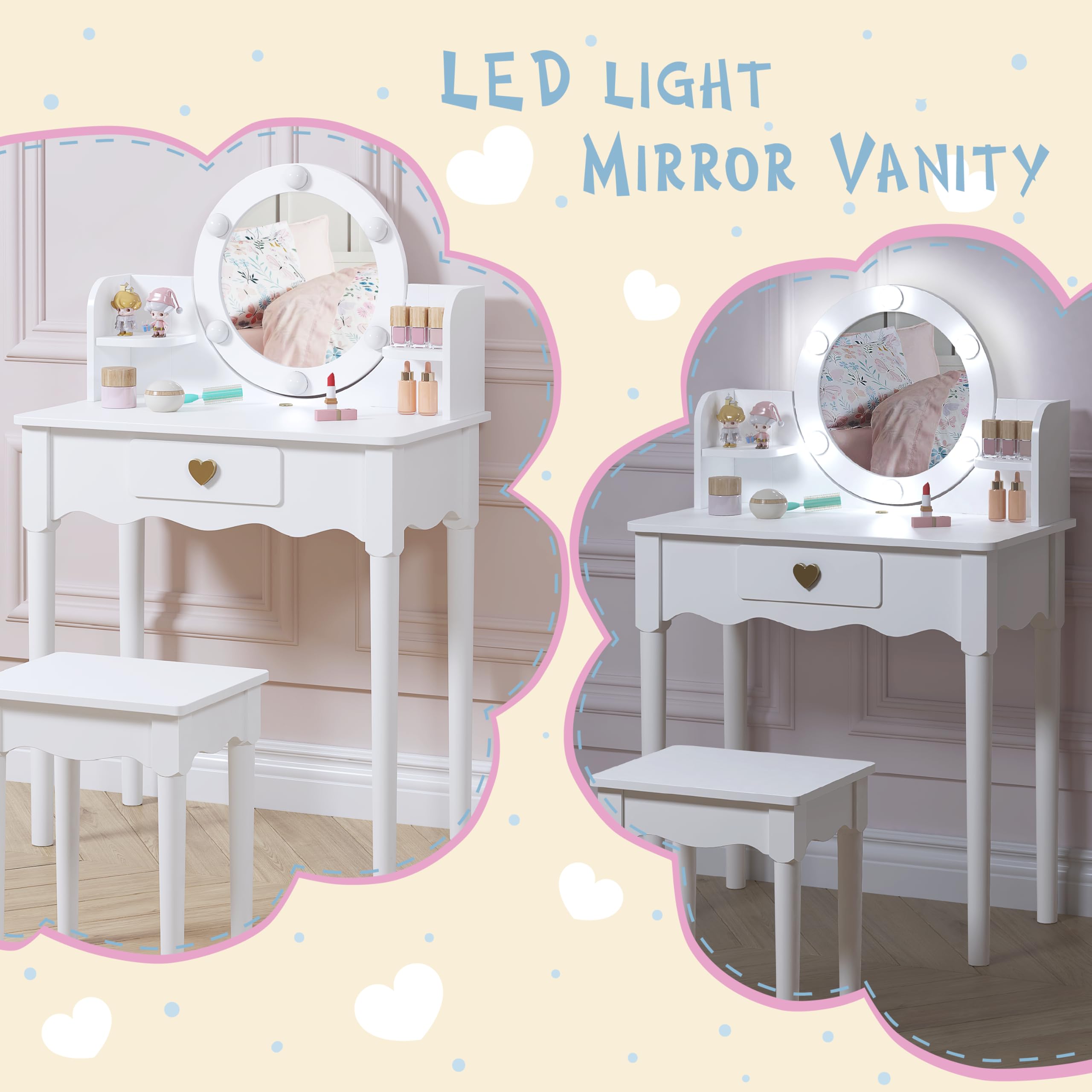 UTEX Kids Vanity Set with Mirror, Stool & Lights - Wooden Princess Makeup Desk & Dressing Table for Girls (White) | Pretend Play, Birthday Gift & Room Decor