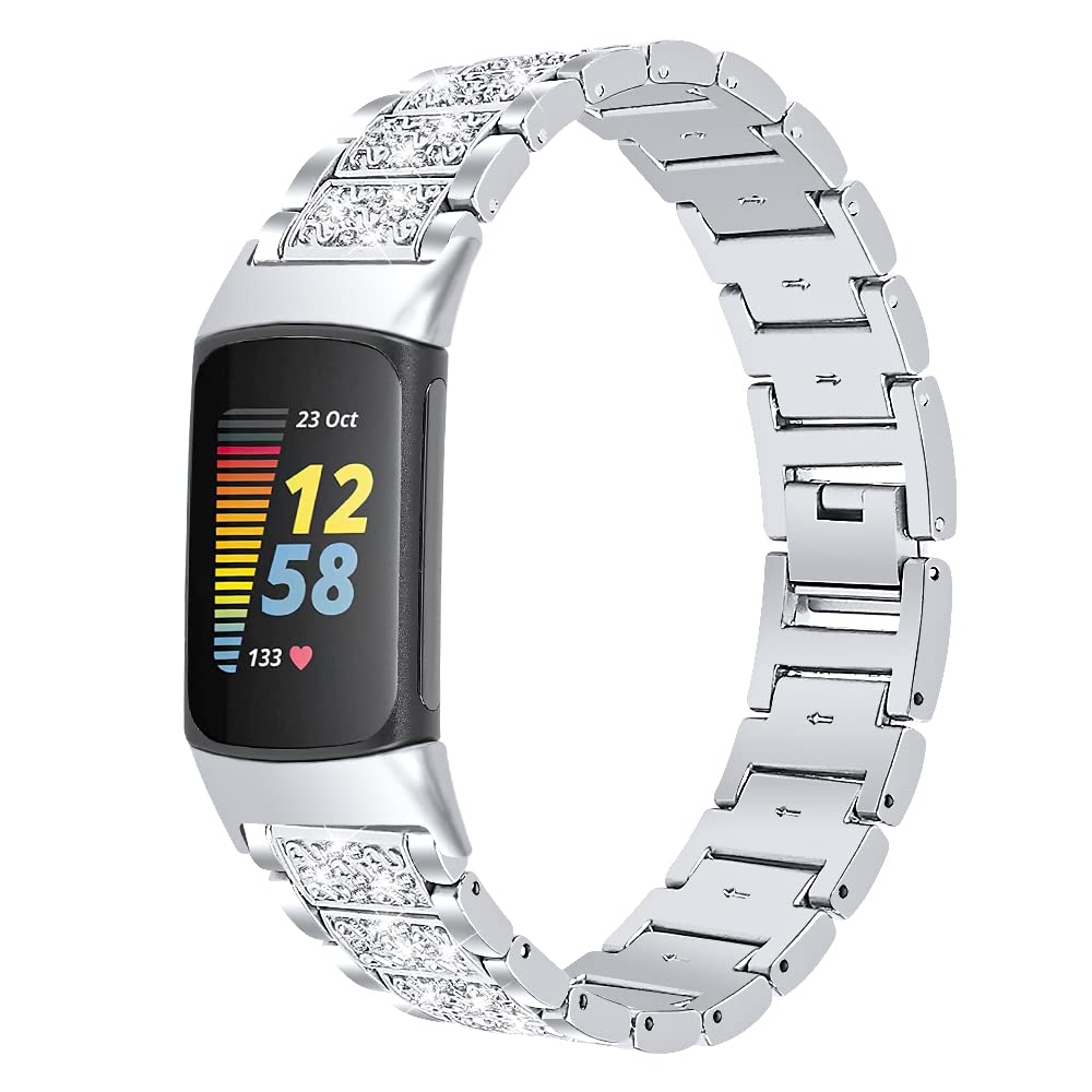 Fitbit Charge 5 Replacement Bands - Rhinestone Crystal Adjustable Metal Wristband Strap Bracelet for Women | Compatible with Fitbit Charge 5 Fitness Tracker | Perfect for Workouts, Running & Daily Wear
