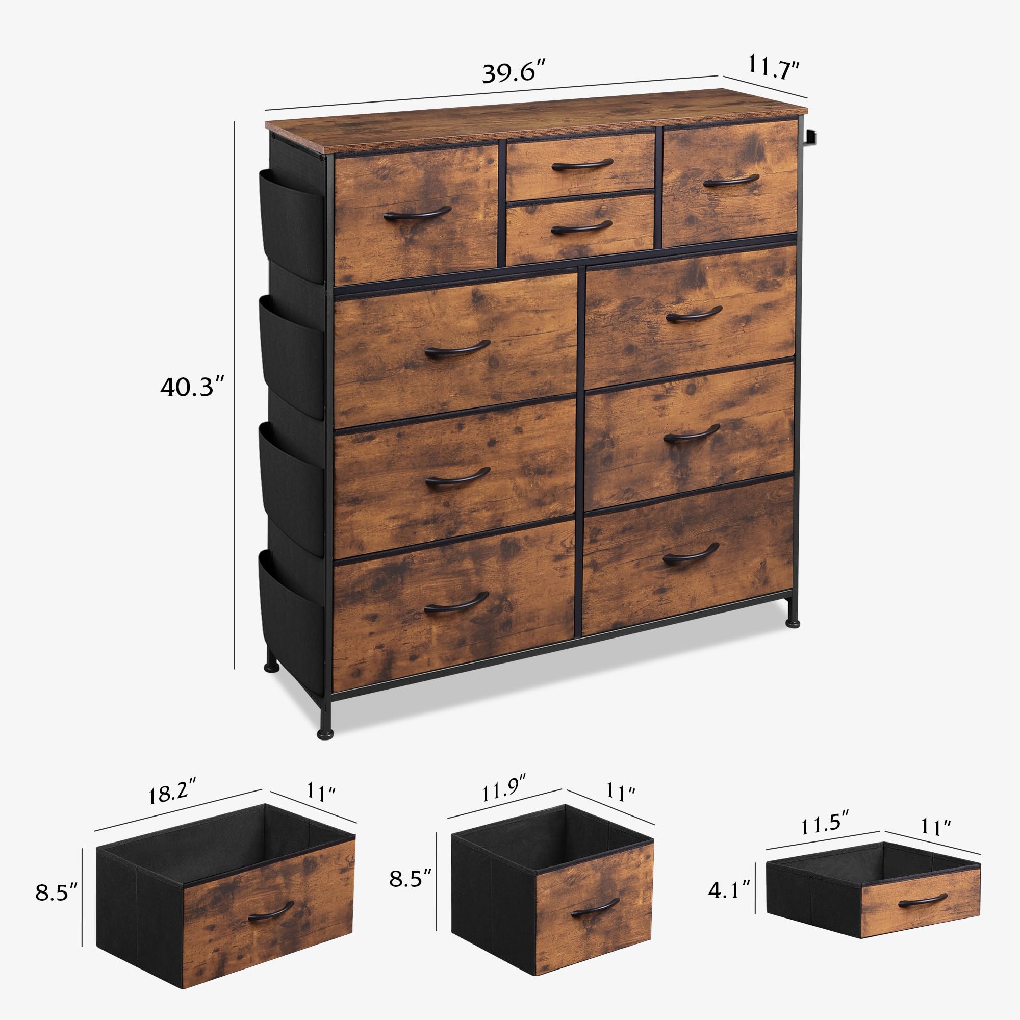 WLIVE 10-Drawer Fabric Dresser for Bedroom & Living Room - Rustic Brown Wood Grain Print Storage Organizer with Side Pockets & Hooks, Sturdy Metal Frame - Perfect for Clothes, Toys, Blankets & Home Organization in Bedrooms, Hallways & Dorm Rooms