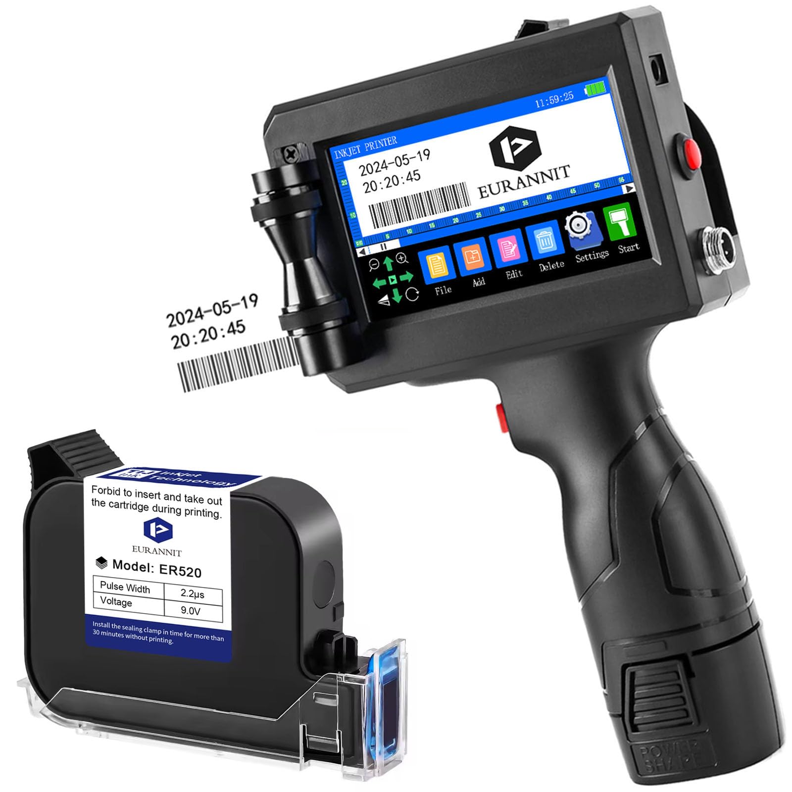 Portable Handheld Inkjet Printer Gun - 0.5 Inch Nozzle with ER520 Fast-Drying Ink for Text, Barcode, Date & Logo Printing on Carton, Cloth, Wood, Plastic, Metal & Glass | Ideal for Packaging, Labeling & Industrial Marking (E15 Model)