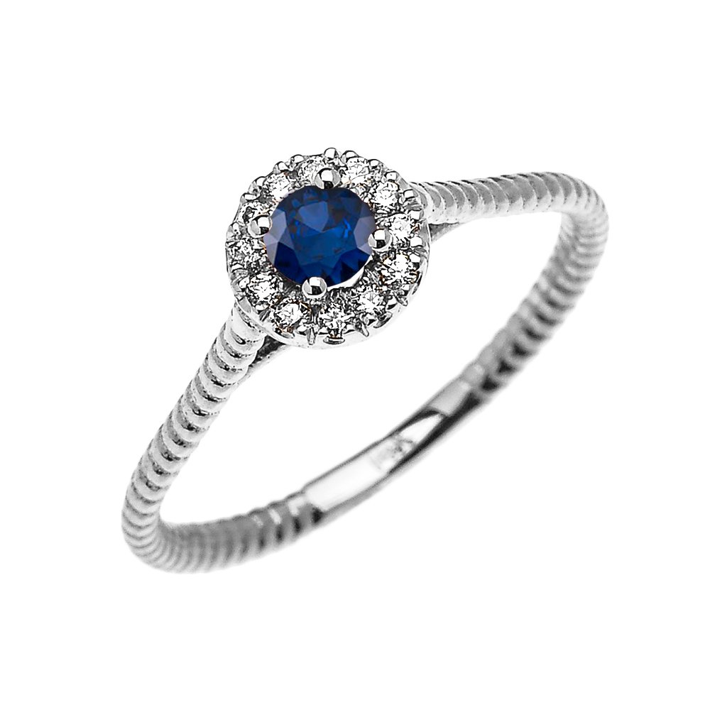 10K White Gold Dainty Halo Diamond & Solitaire Sapphire Rope Design Promise Ring for Women - Elegant Jewelry Gift for Anniversary, Engagement or Special Occasions