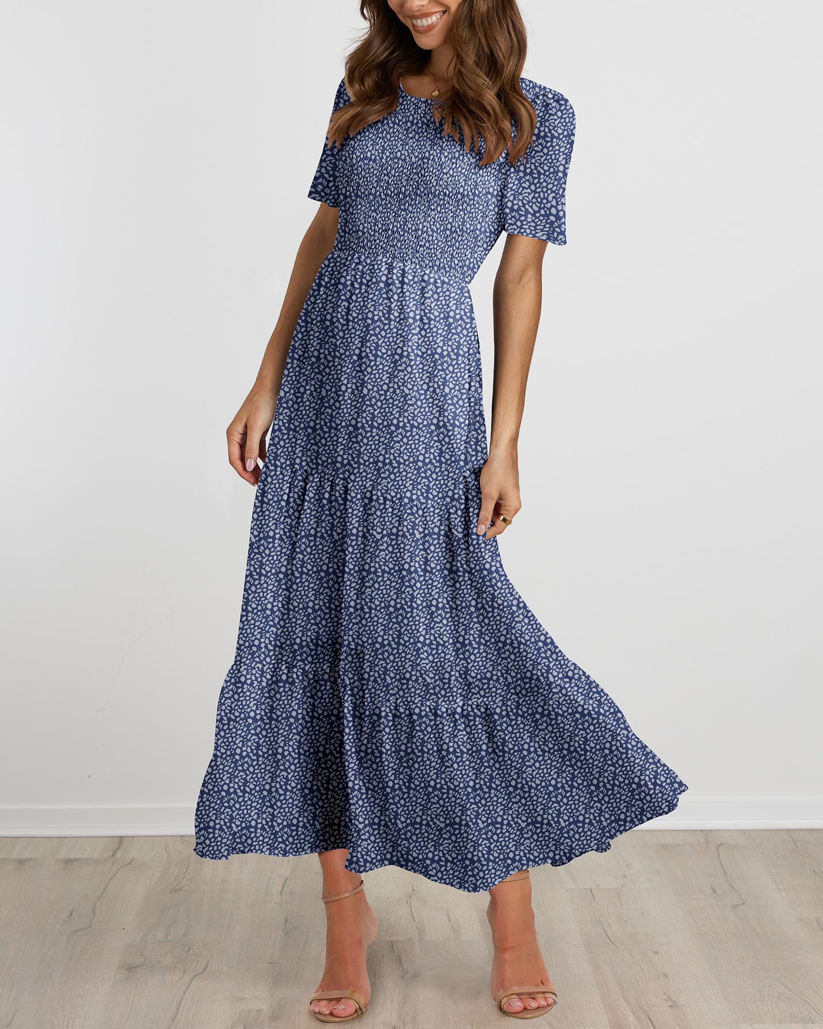 BTFBM Women's Bohemian Floral Printed Short Sleeve Maxi Dress - Casual Summer Crew Neck Tiered Flowy Cocktail Dress for Beach Vacation, Music Festival & Date Night