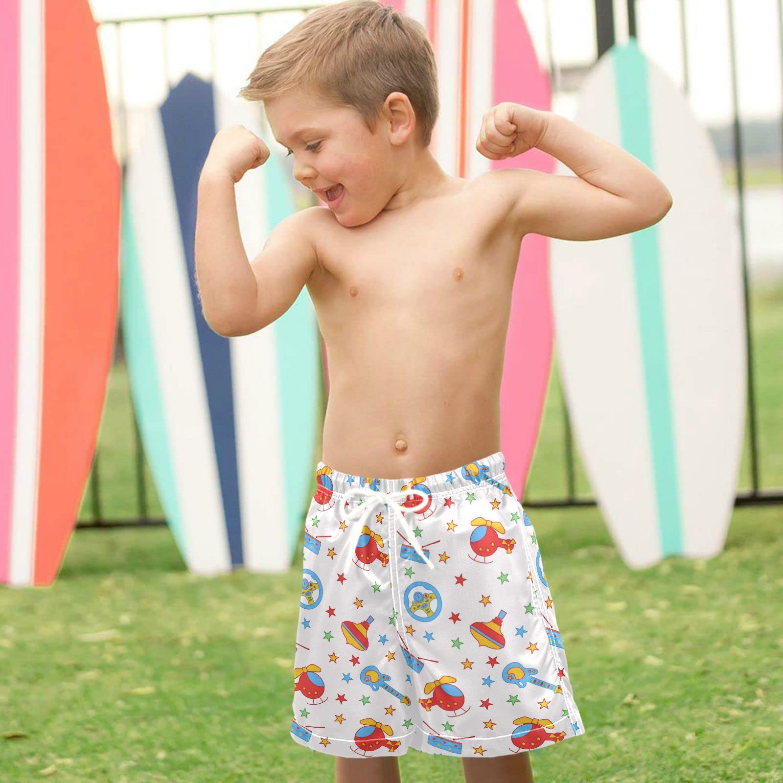 Visesunny Boys Swim Trunks - Helicopter Drum Guitar Toy Wheel Star Print Toddler Bathing Suit, Quick-Dry Sports Board Shorts for Kids Beach, Pool & Summer Water Play