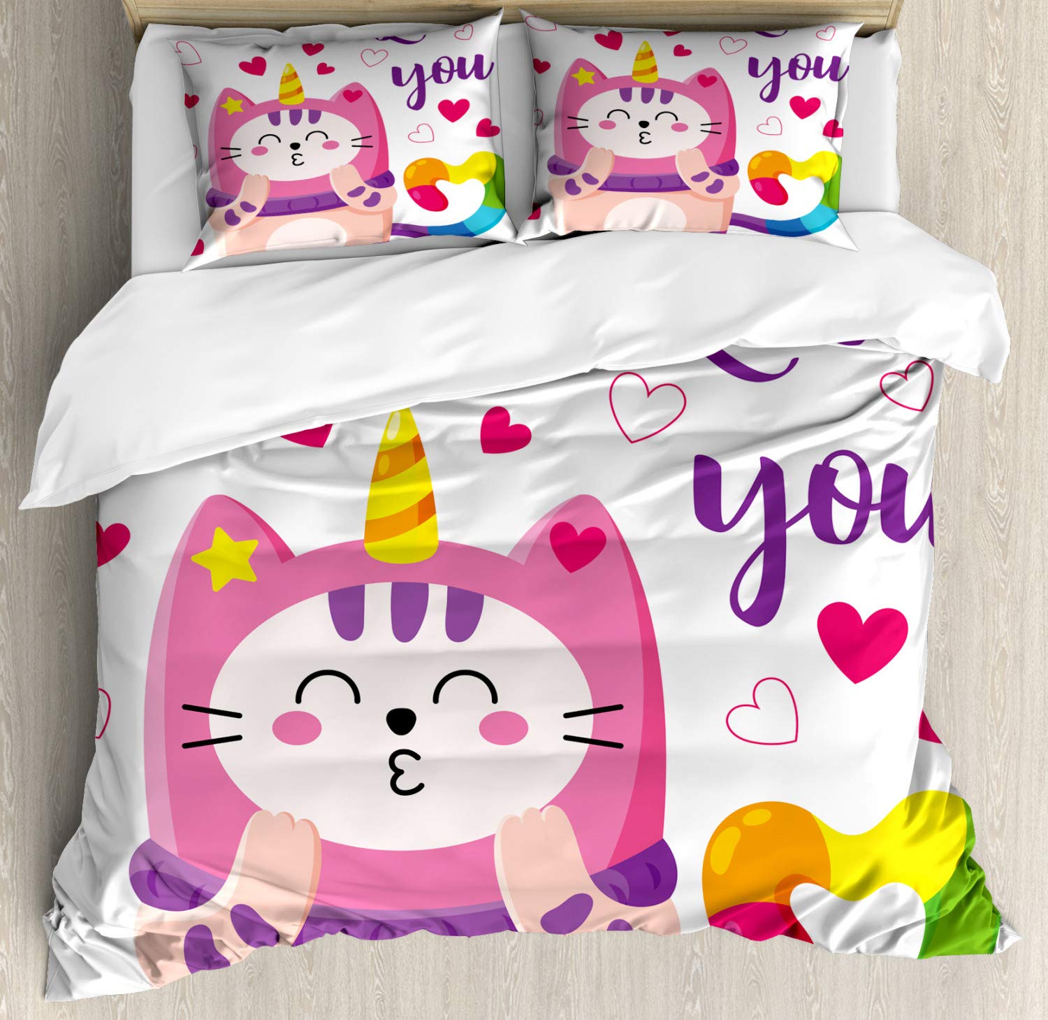 Ambesonne Cat Duvet Cover Set - Colorful Love Typography Doodle Unicorn & Hearts 3-Piece King Size Bedding Set with 2 Pillow Shams | Soft & Breathable | Perfect for Kids' Rooms, Teen Bedrooms & Cat Lovers' Home Decor