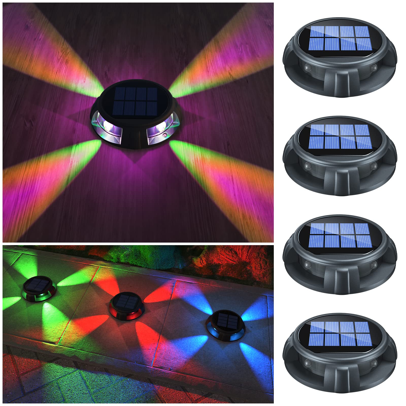 Solar Powered Outdoor Deck Lights - Waterproof LED Pathway Lights with 5 Lighting Modes & RGB Multicolor (4 Pack) - Perfect for Garden, Driveway, Sidewalk, Yard, and Dock Lighting at Night