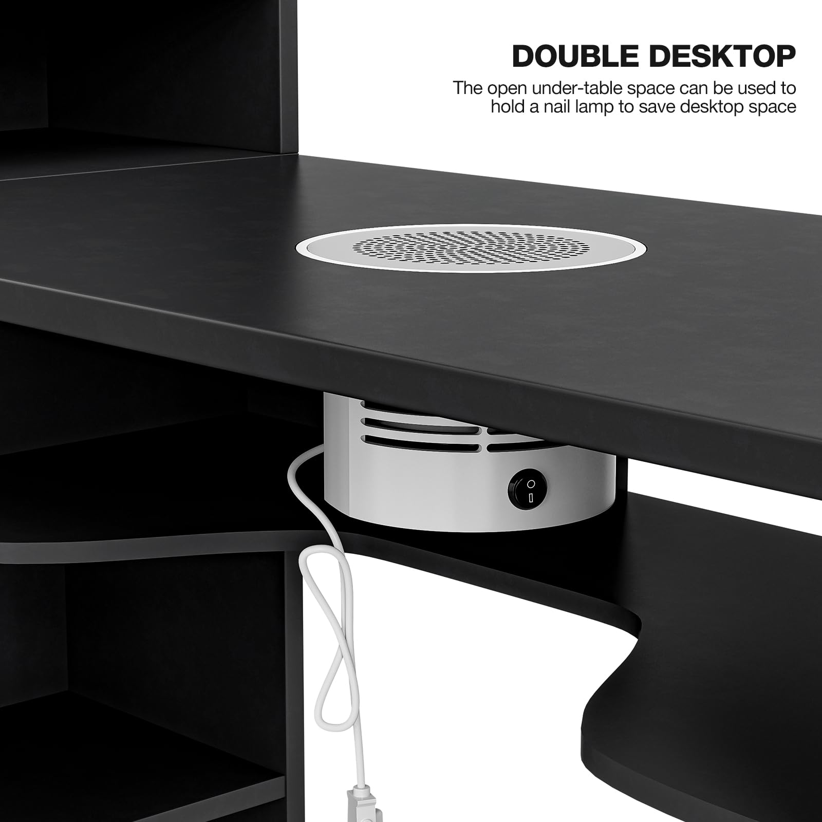 Professional L-Shaped Manicure Table with Electric Downdraft Ventilation System - Foldable Nail Tech Station with Storage Shelves, Cabinets & Drawers - Black Salon Furniture for Nail Artists & Home Use | Perfect for Small Spaces & Mobile Nail Technicians
