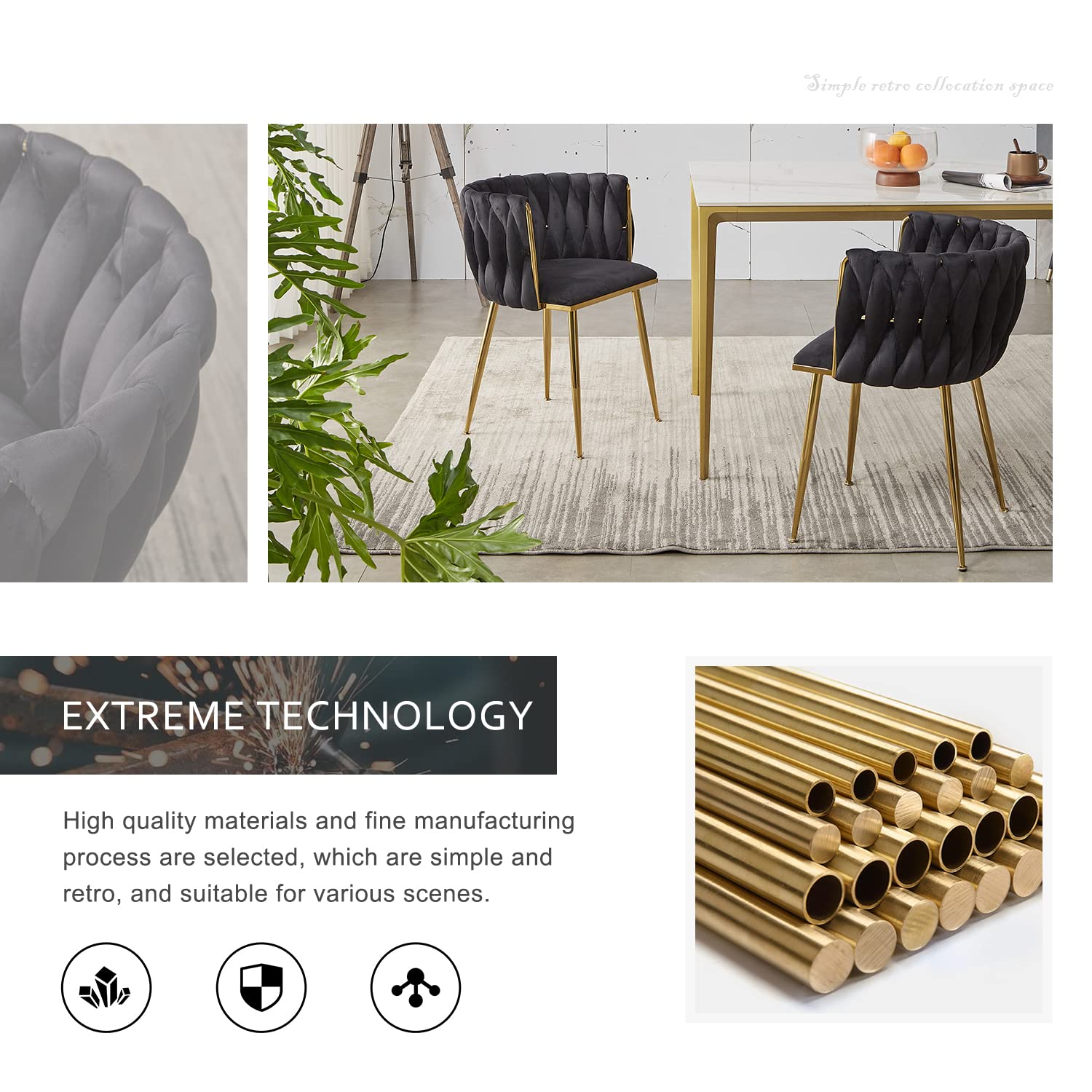 Black Velvet Dining Chairs Set of 4 - Modern Upholstered Chairs with Golden Metal Legs & Woven Design for Dining Room, Kitchen, Living Room | Elegant Seating for Home Decor, Dinner Parties & Vanity Areas