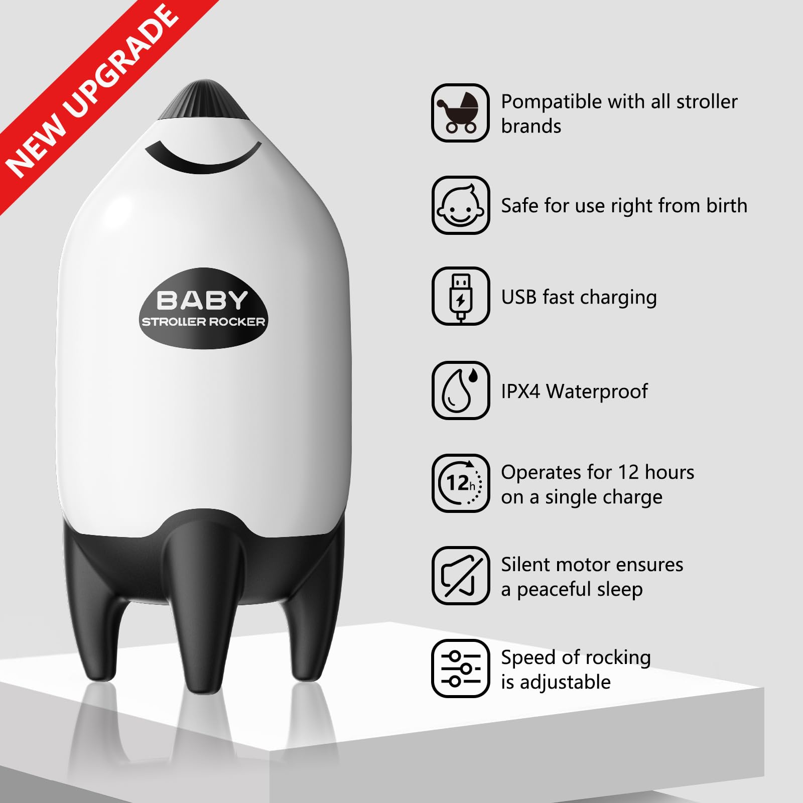 QNHMPW Portable Baby Rocker & Bouncer - Adjustable Speed USB Rechargeable Vibrating Soother for Newborns | Gentle Rocking for Strollers & Prams | Perfect Baby Sleep Aid & Essential Gift for Parents | Ideal for Nursery, Travel & Soothing Fussy Babies