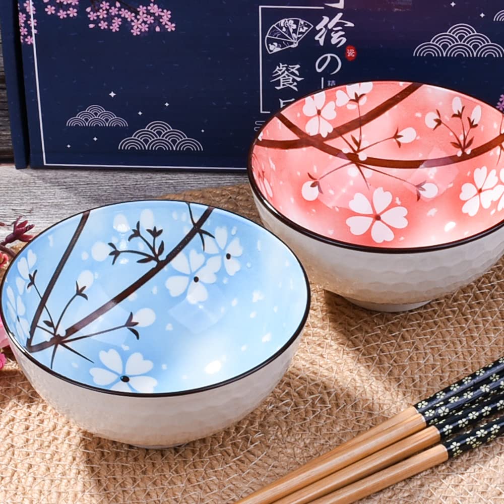 Premium Japanese Ceramic Rice Bowls - Set of 2 Sushi Bowls for Nuts, Sauces & Snacks (Blue & Pink) - Perfect for Sushi, Asian Cuisine & Home Dining