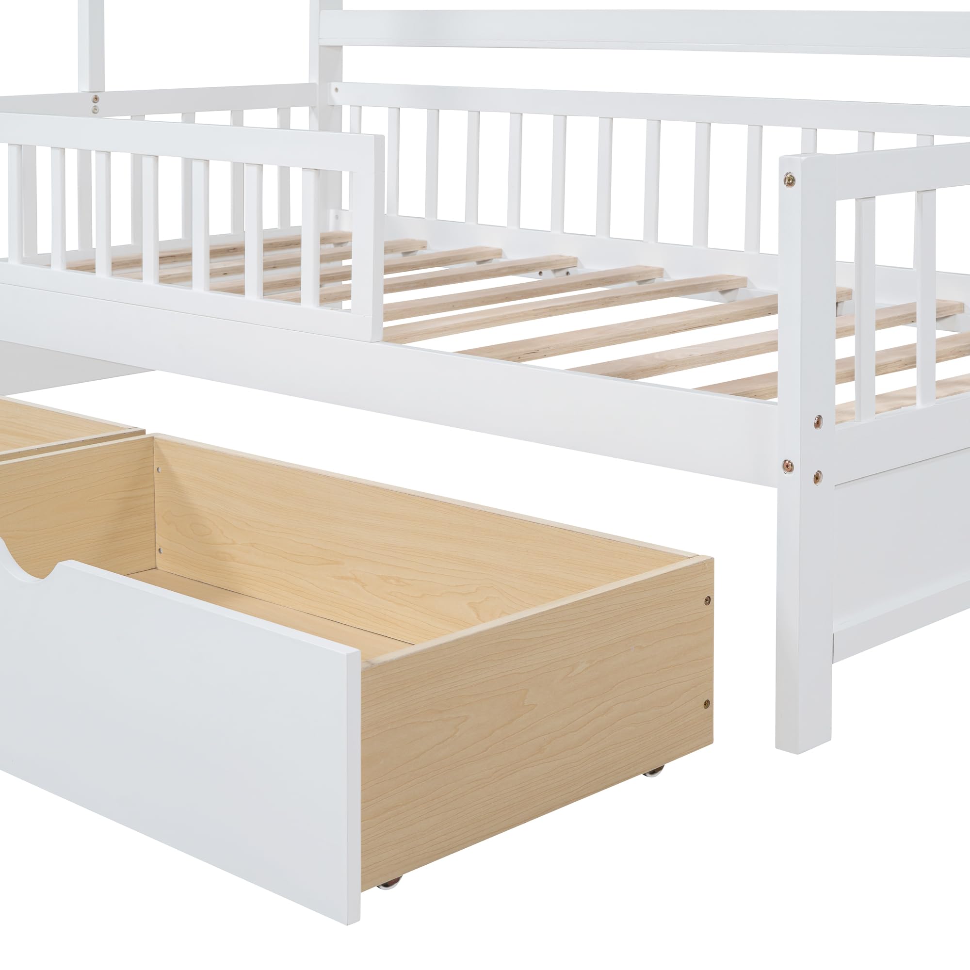 **Wooden Twin Size House Bed with 2 Drawers & Storage Shelf - Kids & Teens Bedroom Furniture for Boys & Girls - Perfect for Small Spaces, Playrooms & Cozy Bedrooms (Twin, White)**