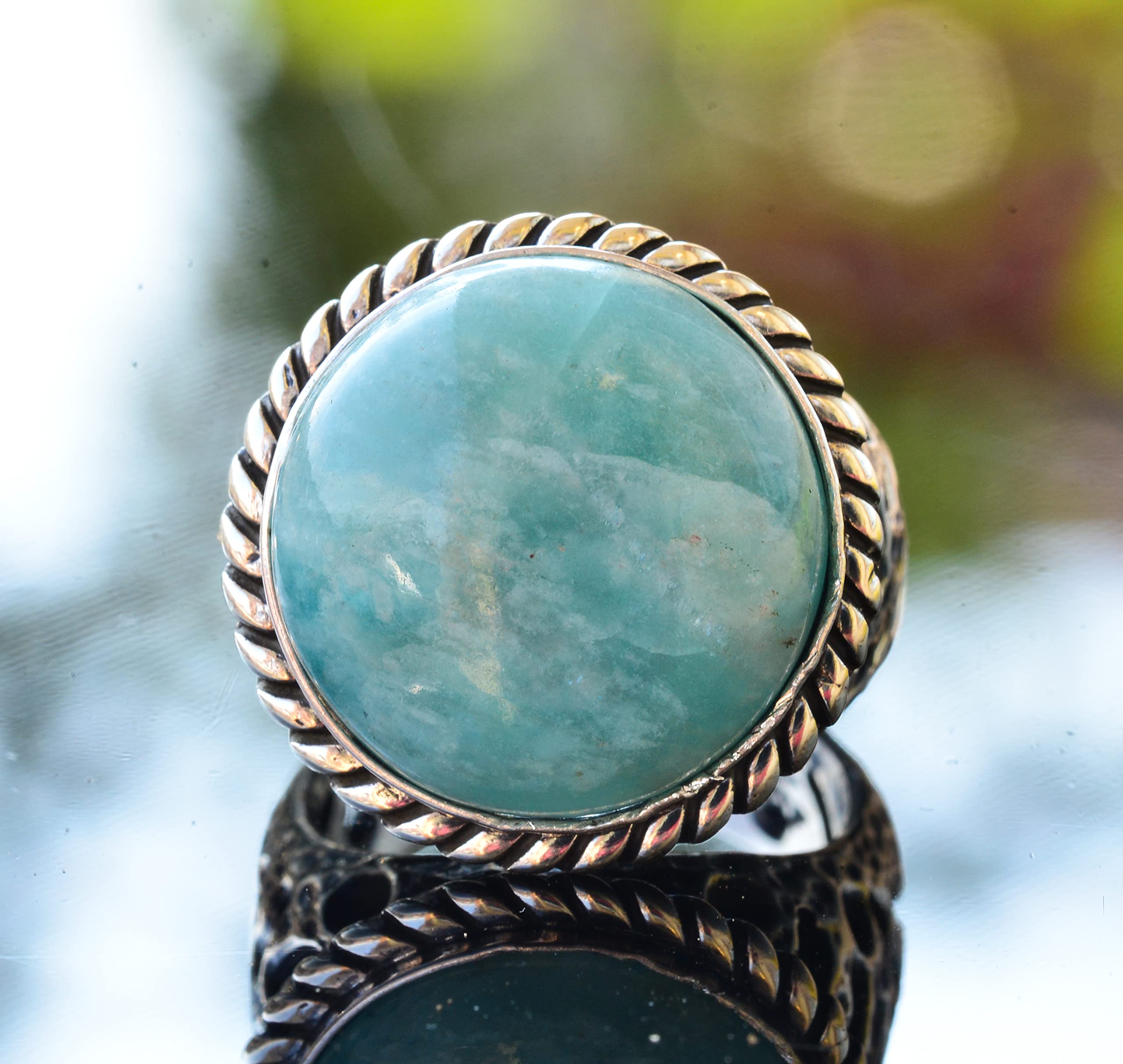 Natural Amazonite Round Gemstone Ring for Men - Sterling Silver Adjustable Band - Healing Crystal Jewelry for Meditation, Yoga & Spiritual Gifts
