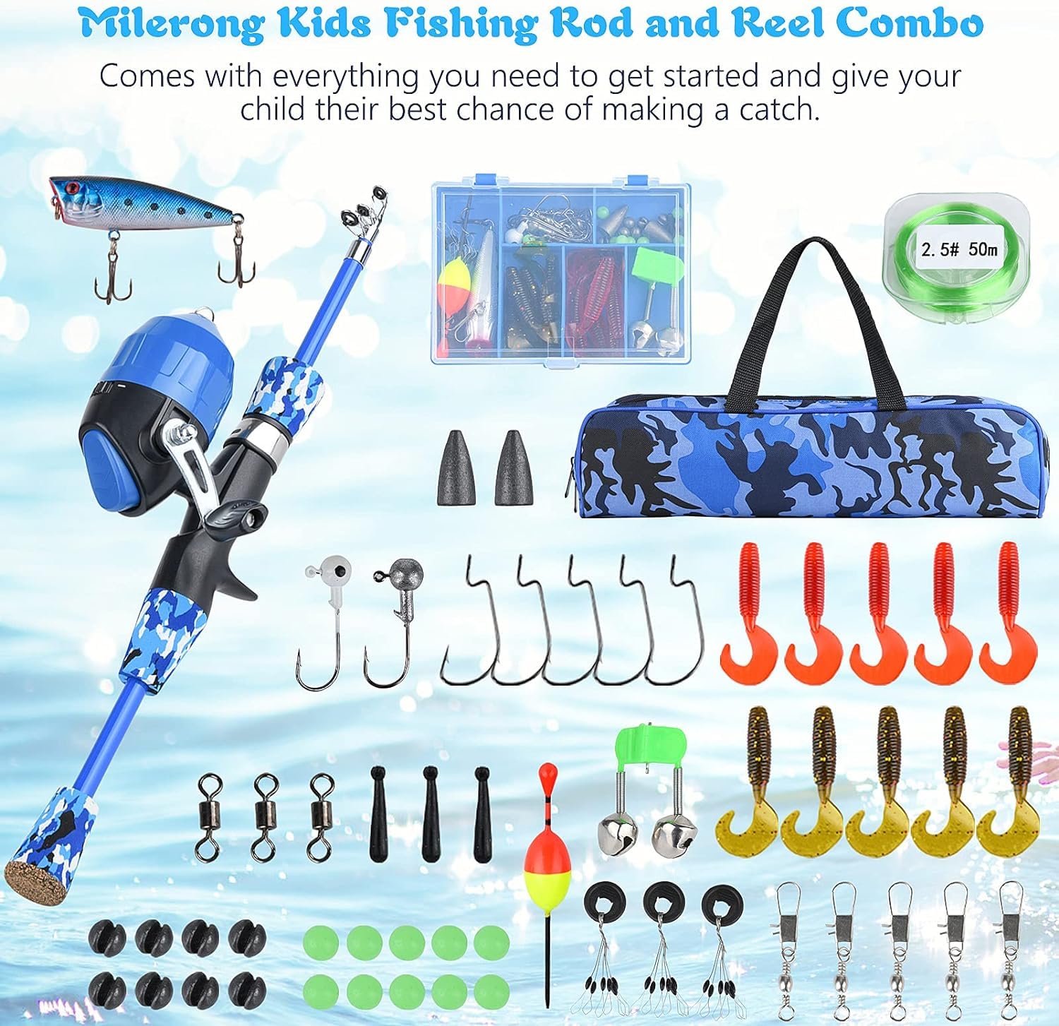 **Milerong Kids Fishing Rod and Reel Combo Kit - Telescopic Portable Fishing Pole for Boys, Girls & Youth with Spincast Reel, Tackles, Lures & Lines - Perfect for Outdoor, Camping & Family Fishing Trips**