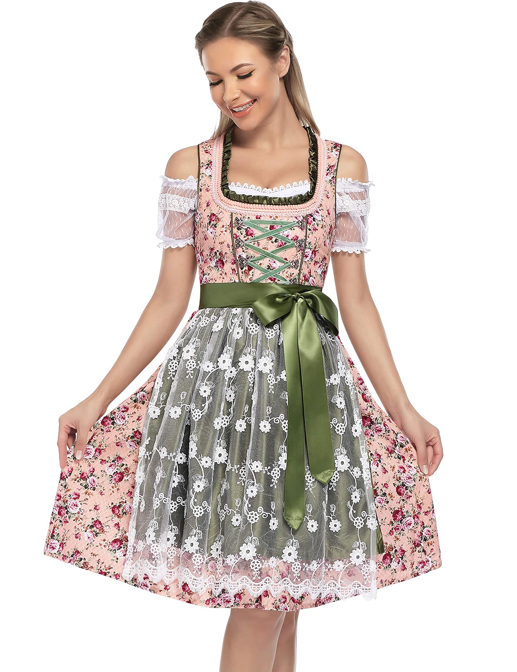 GloryStar Women's German Dirndl Dress - Traditional Bavarian Oktoberfest Costume 2-Piece Set in Green & Pink | Beer Garden Party, Cultural Festival, Halloween Costume