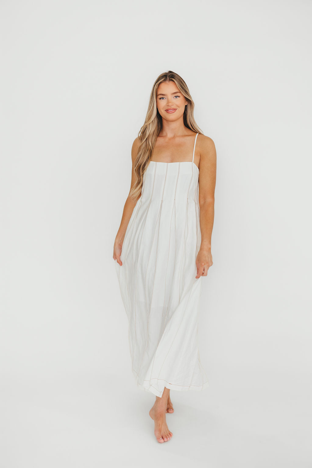 Mei Linen Stitch Maxi Dress in Cream | Women's Summer Boho Beach Dress | Perfect for Vacation, Wedding Guest & Casual Outings