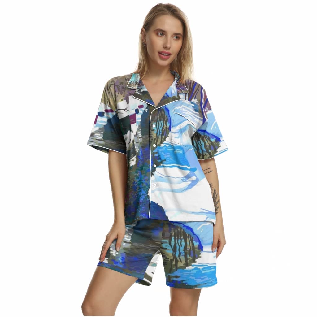 Women's Silk Pajama Set - Soft Short Sleeve Button Down Sleepwear for Lounge & Travel