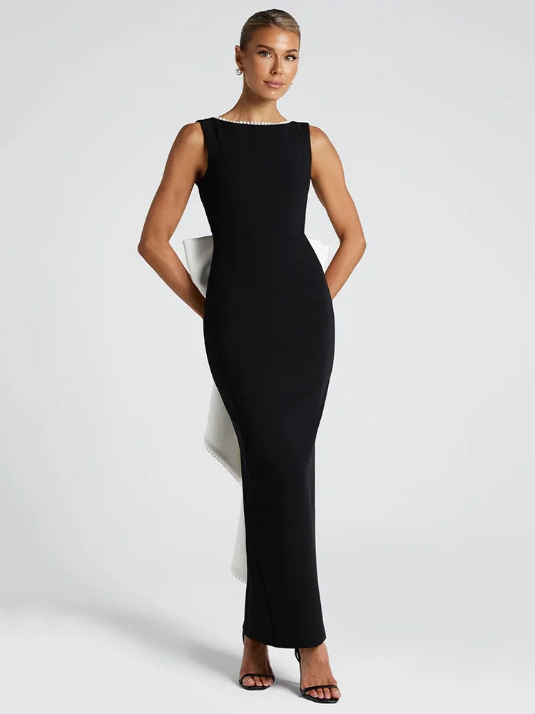 Elegant Pearl Bow Backless Sexy Maxi Dress for Women - Sleeveless High Waist A-Line Long Gown for Club, Party, Wedding & Evening Events