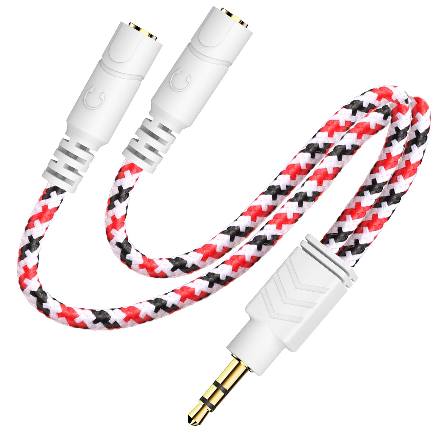 Premium DUKABEL 3.5mm Headphone Splitter Cable - Gold Plated Stereo Audio Y Adapter with Braided Nylon - Compatible with iPhone, Android, Smartphones, Tablets & More (0.85ft/26cm) - Perfect for Sharing Music, Gaming & Online Classes