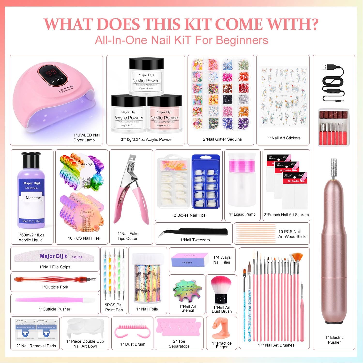 Professional Acrylic Nail Kit for Beginners - Complete Starter Set with Acrylic Powder, Liquid, Nail Drill & UV Light (Clear/White/Nude) - Perfect for Home Manicures, Salon Use & DIY Nail Art