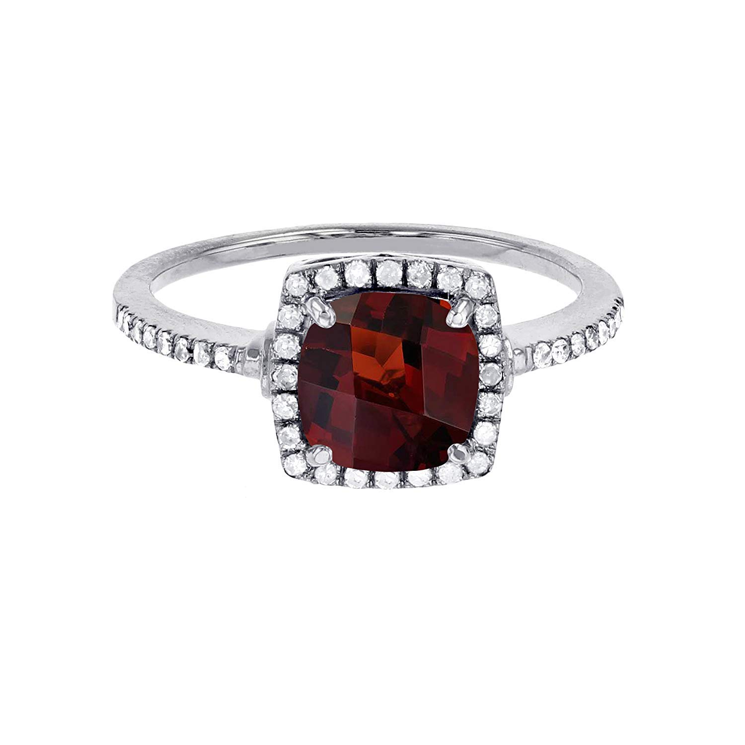 7mm Cushion Garnet & White Sapphire Halo Ring in Sterling Silver with Rhodium Plating - Perfect for Engagement, Anniversary & Special Occasion Gifts