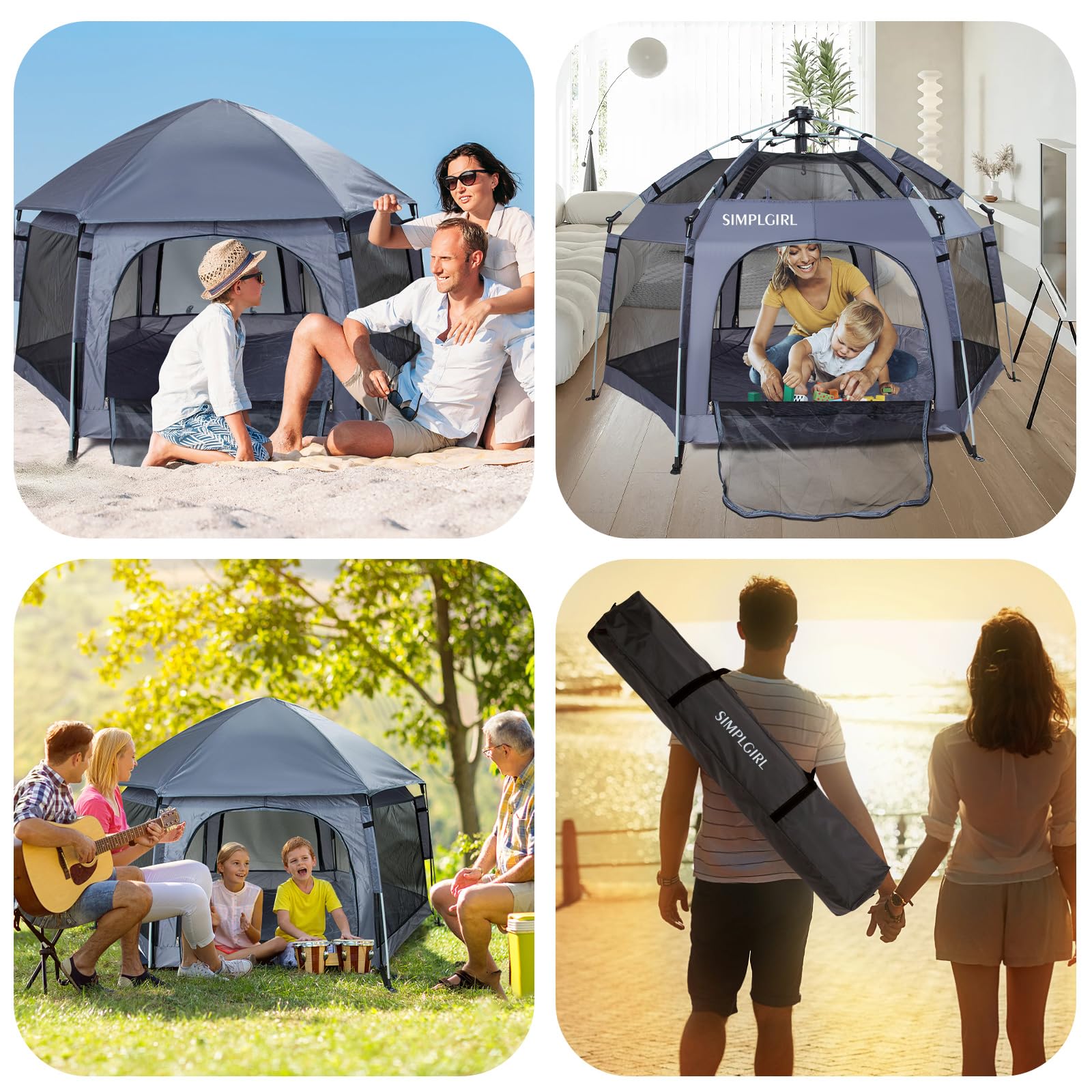 **Premium Indoor & Outdoor Baby Playpen - Portable Lightweight Pop-Up Play Yard with Canopy & Travel Bag - Safe Play Space for Toddlers - Ideal for Home, Travel, Beach & Park (Grey)**