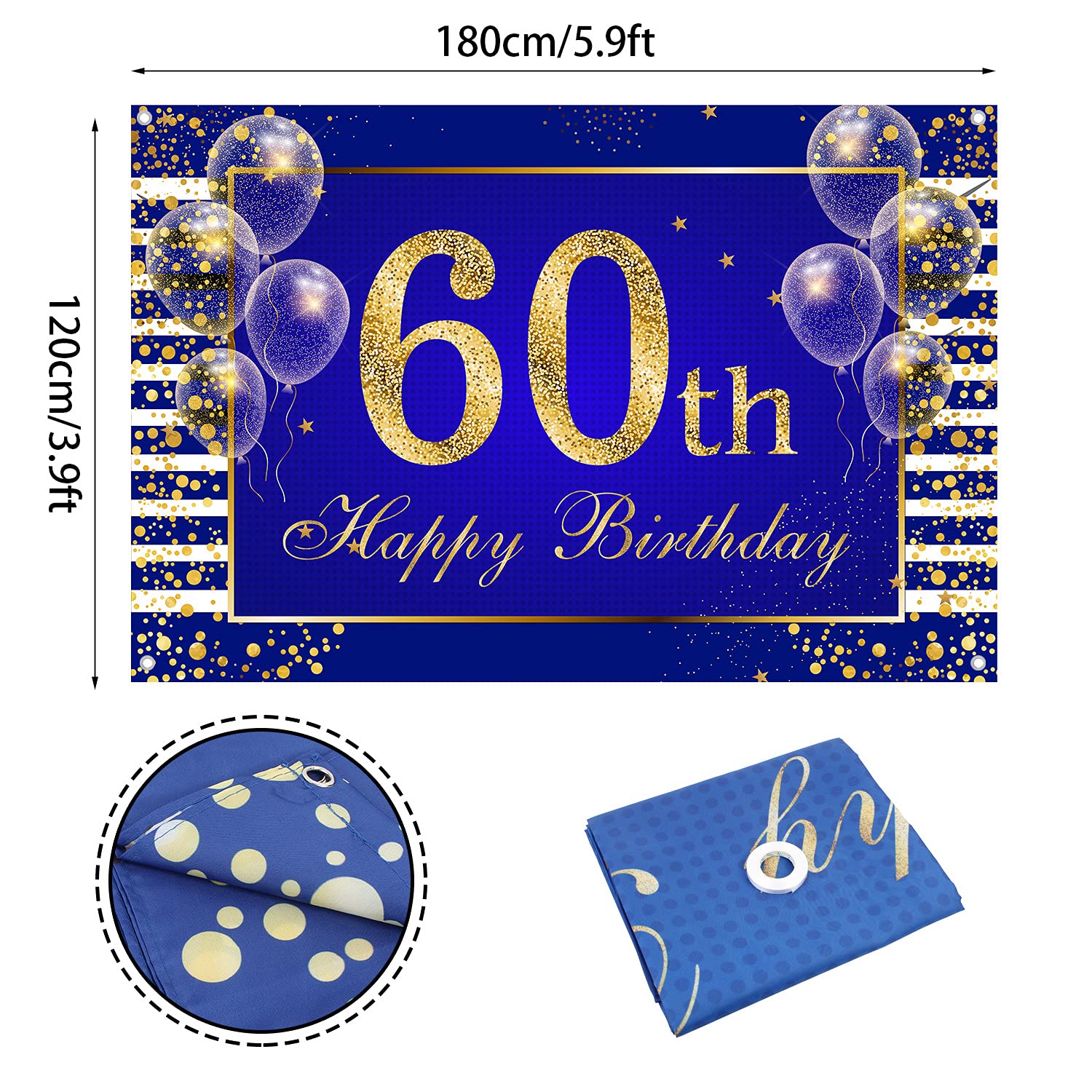 60th Birthday Banner Backdrop - Navy Blue & Gold Selfie Photo Booth Props Frame - 60 Years Old Birthday Decorations for Women & Men - Photography Party Supplies - Perfect for Milestone Celebrations & Social Media Photos